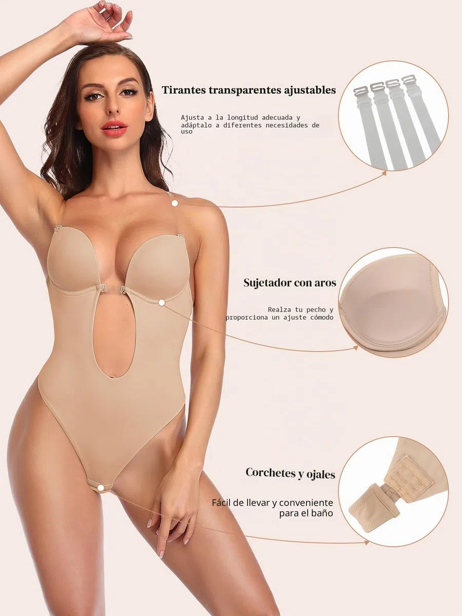 SHAPERIN Mujer Body Reductor con Sujetador Push Up Cuello en V Profundo Body Faja Tanga Sin Espalda Shapewear Bodysuit Sin Costuras
