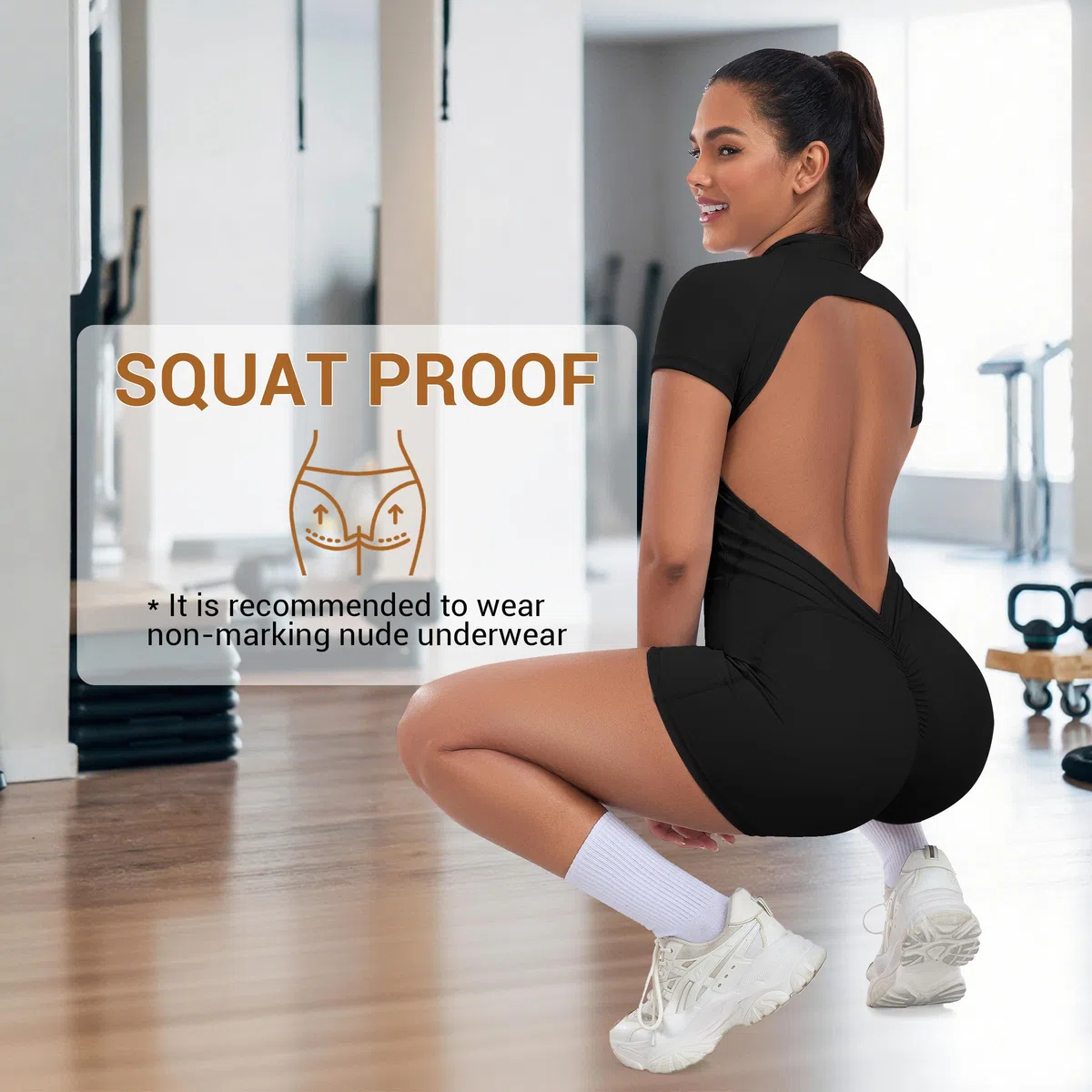 STARBILD Mujer Mono Corto Deportivo con Cremallera Mangas Cortas, Gym Jumpsuits Short Zipper Push Up, V Back Scrunch Butt Una Pieza para Pilates Yoga Fitness Gimnasio