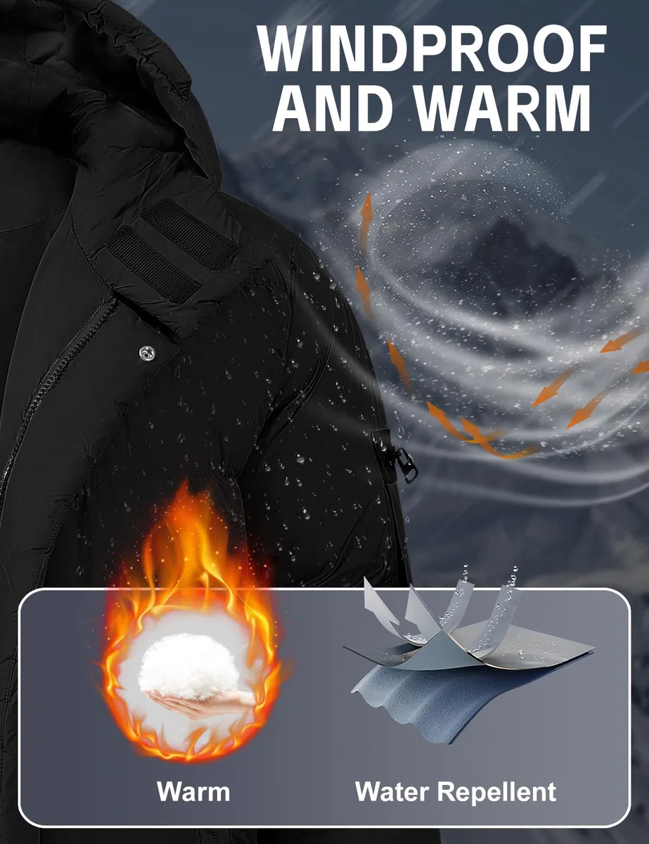 Yuson Gir Abrigo Hombre Chaqueta Largo Hombre Invierno Ligero y Resistente Agua Parka Grueso Cazadora con Capucha Cálido Acolchado Abrigos Cremallera Viento Coat Chaquetón