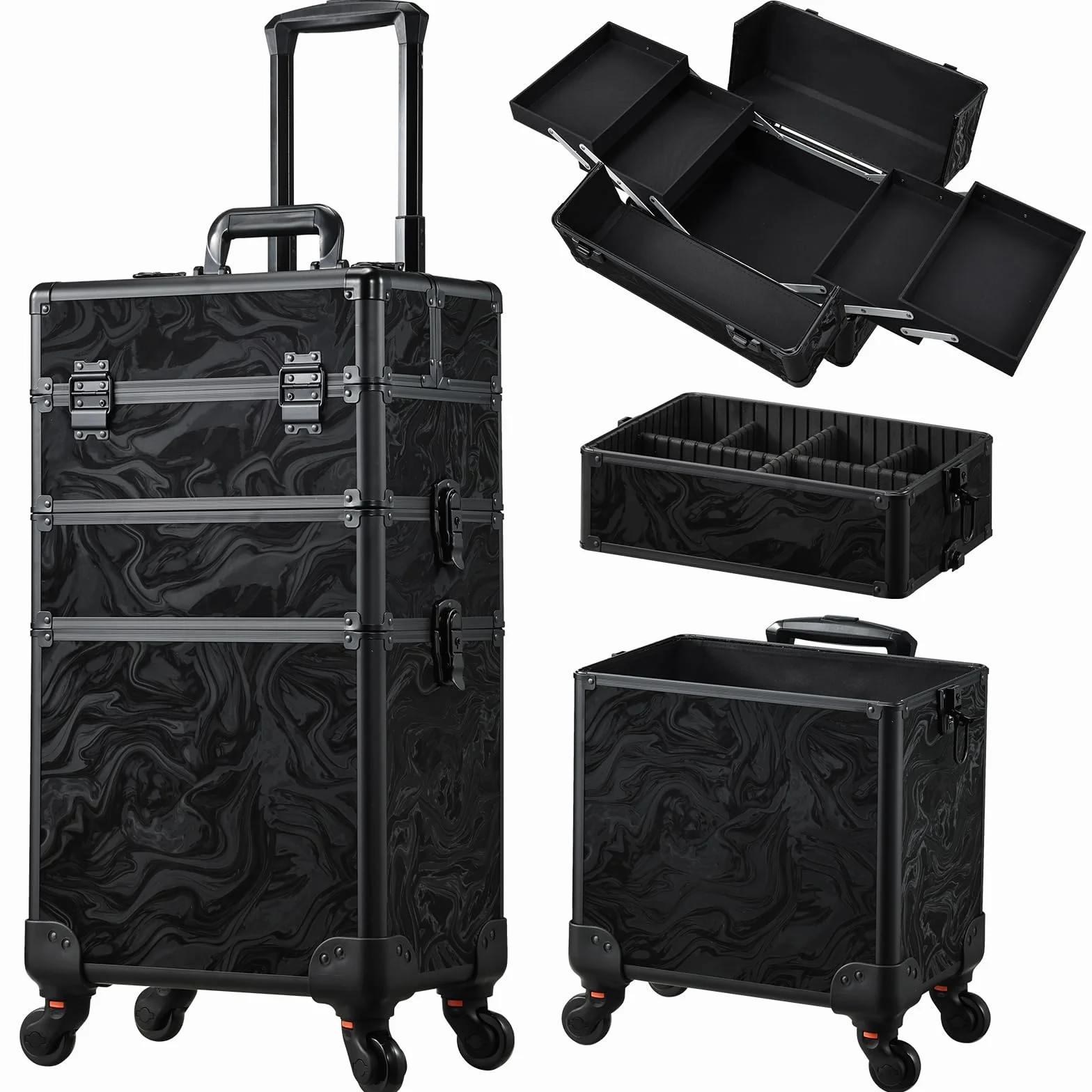 Maleta Maquillaje Profesional 3 en 1 Maletin Maquillaje con Ruedas Organizador de Maquillaje Maleta de peluquería Grande Maletín de uñas Multifuncional Caja Maquillaje Profesional, Alpes Negro