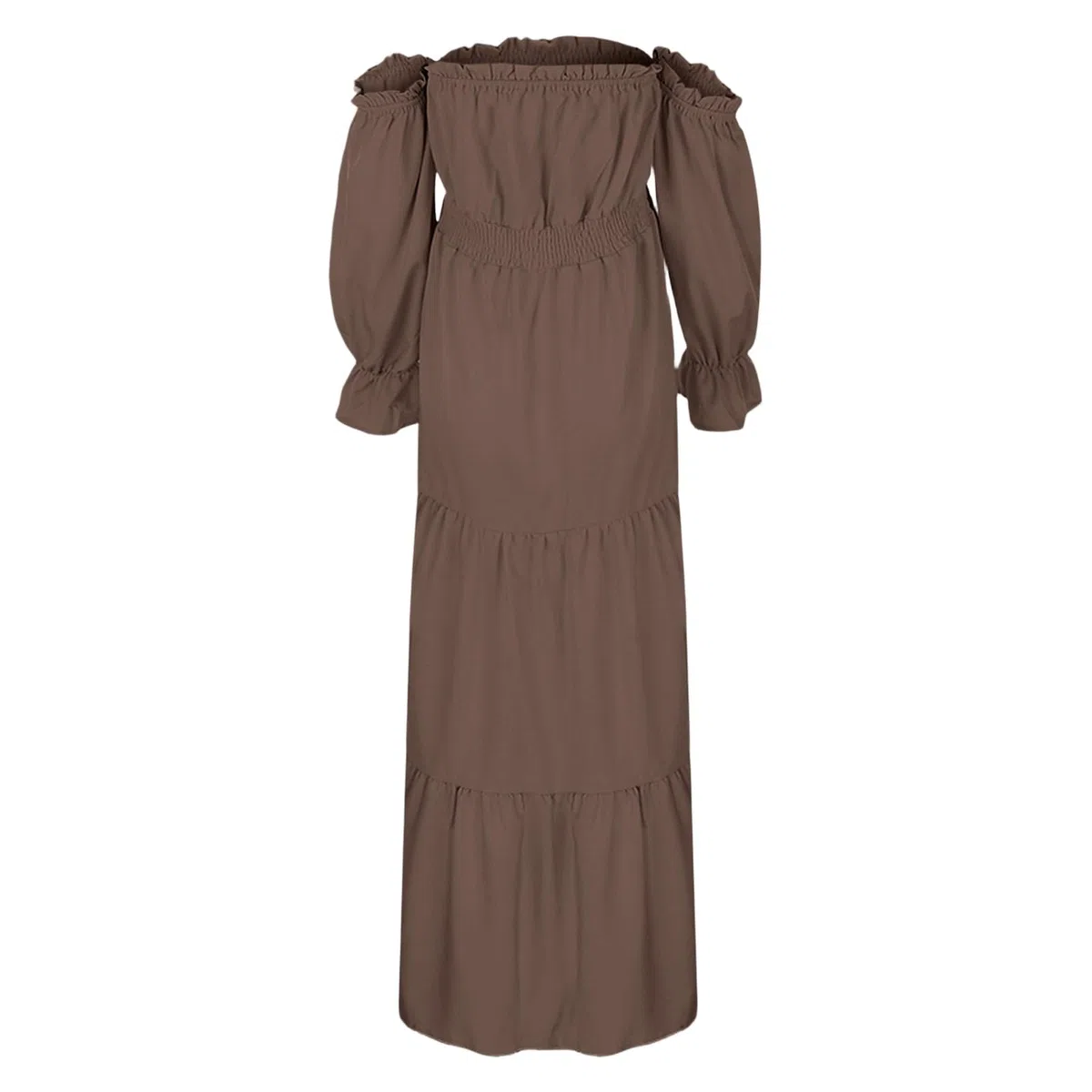 Elegante vestido de maternidad para embarazo, hombros descubiertos, manga larga, escalonado con abertura lateral, cintura alta, estilo bohemio fluido