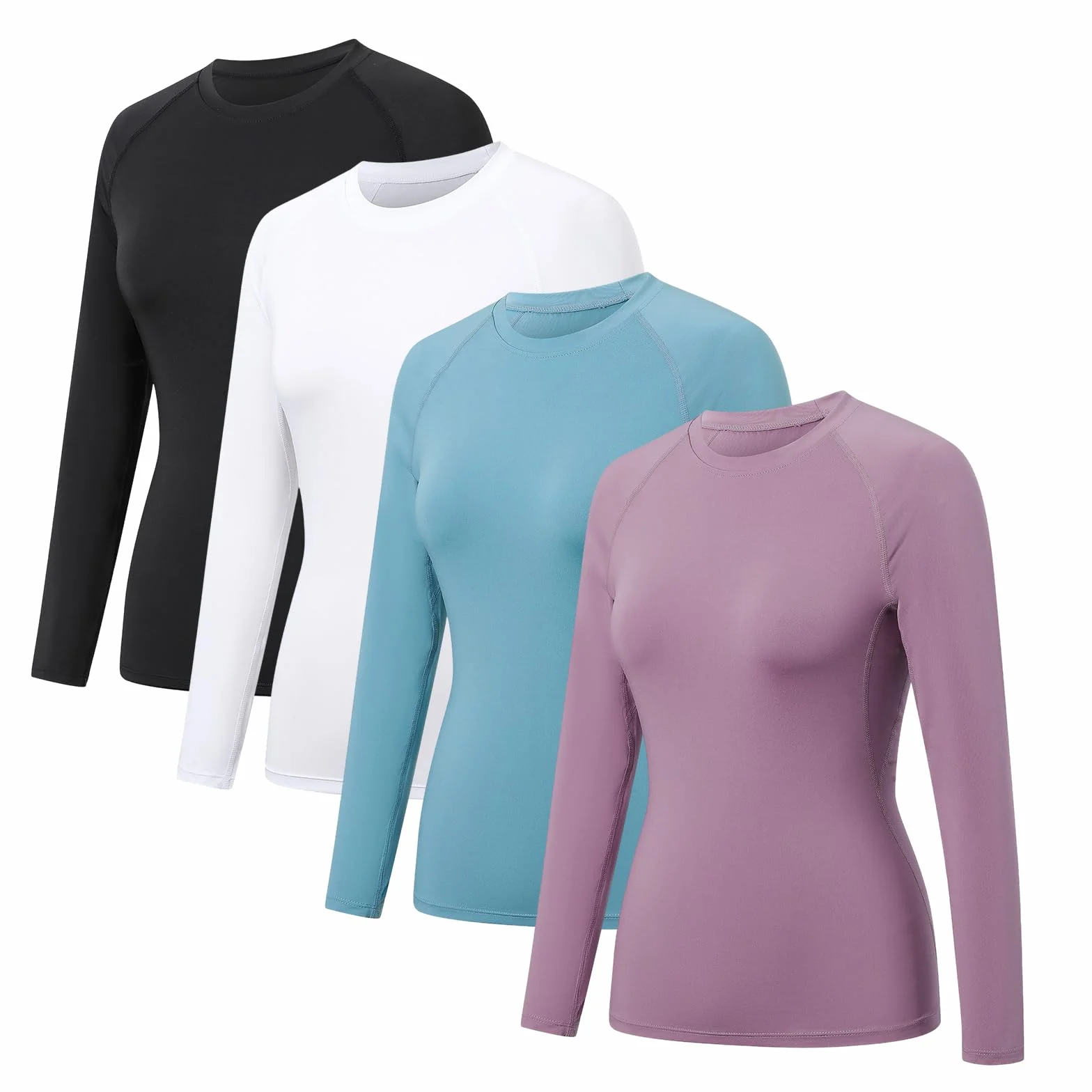 HYCOPROT 4 Pack Camisetas de Compresión para Mujer Manga Larga Ropa Deportiva Secado Rápido Transpirable Top Deportivo Base Shirts para Gimnasio Yoga Running Senderismo Trekking Ciclismo Fitness