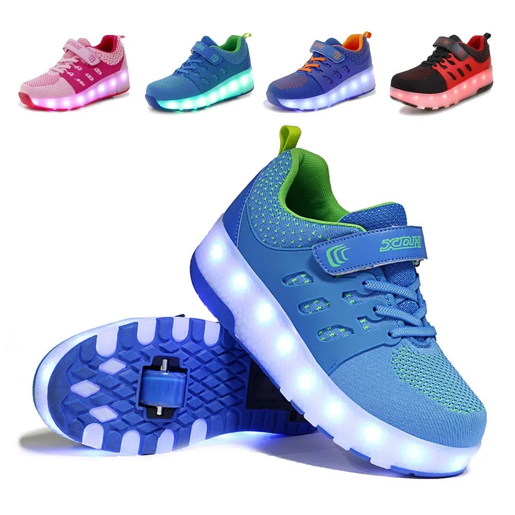 Zapatillas luminosas LED para niños con ruedas con botón de presión ajustable, patines en línea, para deportes al aire libre, fitness, gimnasia, zapatillas de correr, Double Wheel Light Blue,