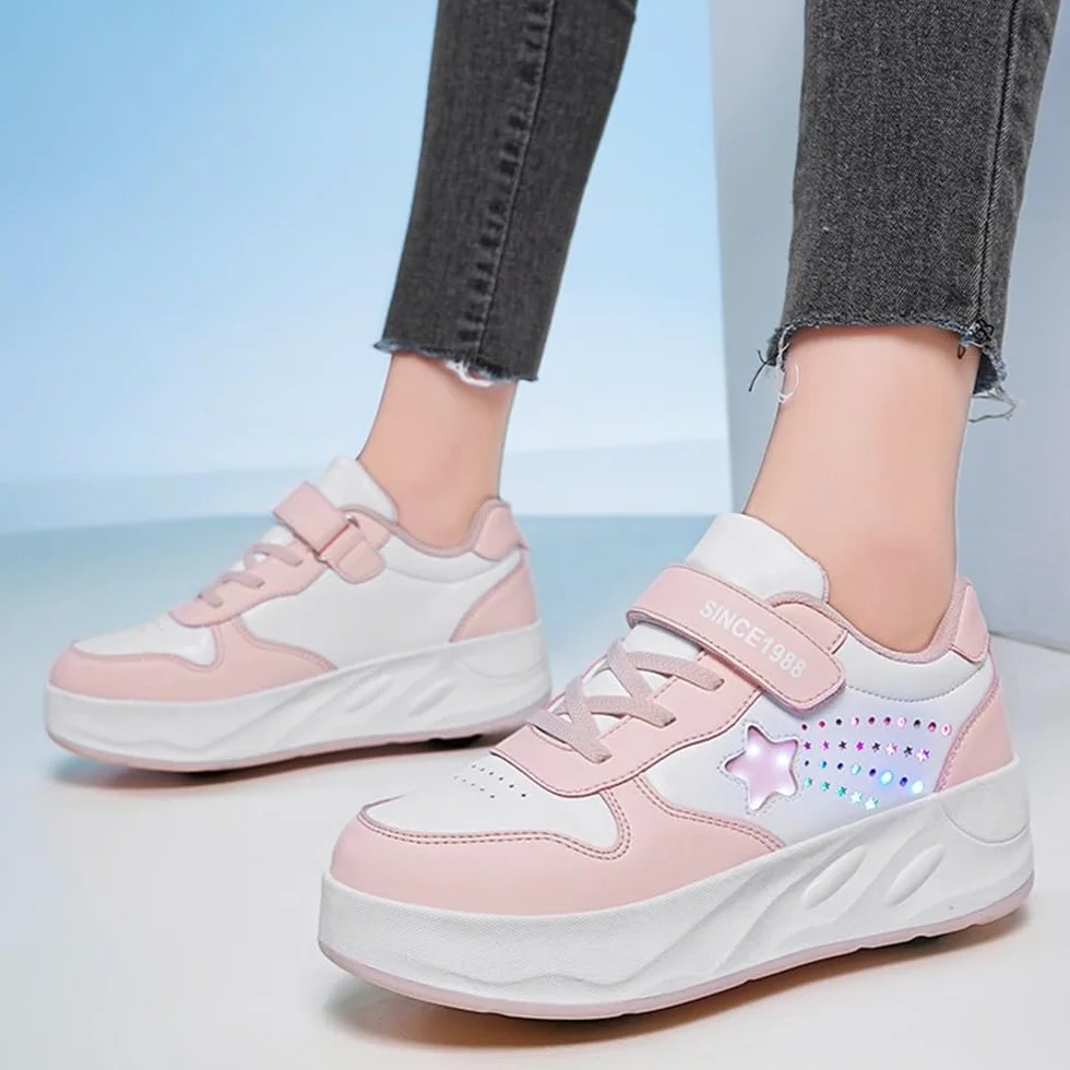 Mateju Zapatos con Ruedas para Niñas Niños, Patines con 4 Ruedas Retirable, Zapatillas de Skateboarding con Estrella Brillante, Zapatillas Deportivas al Aire Libre Multiusos