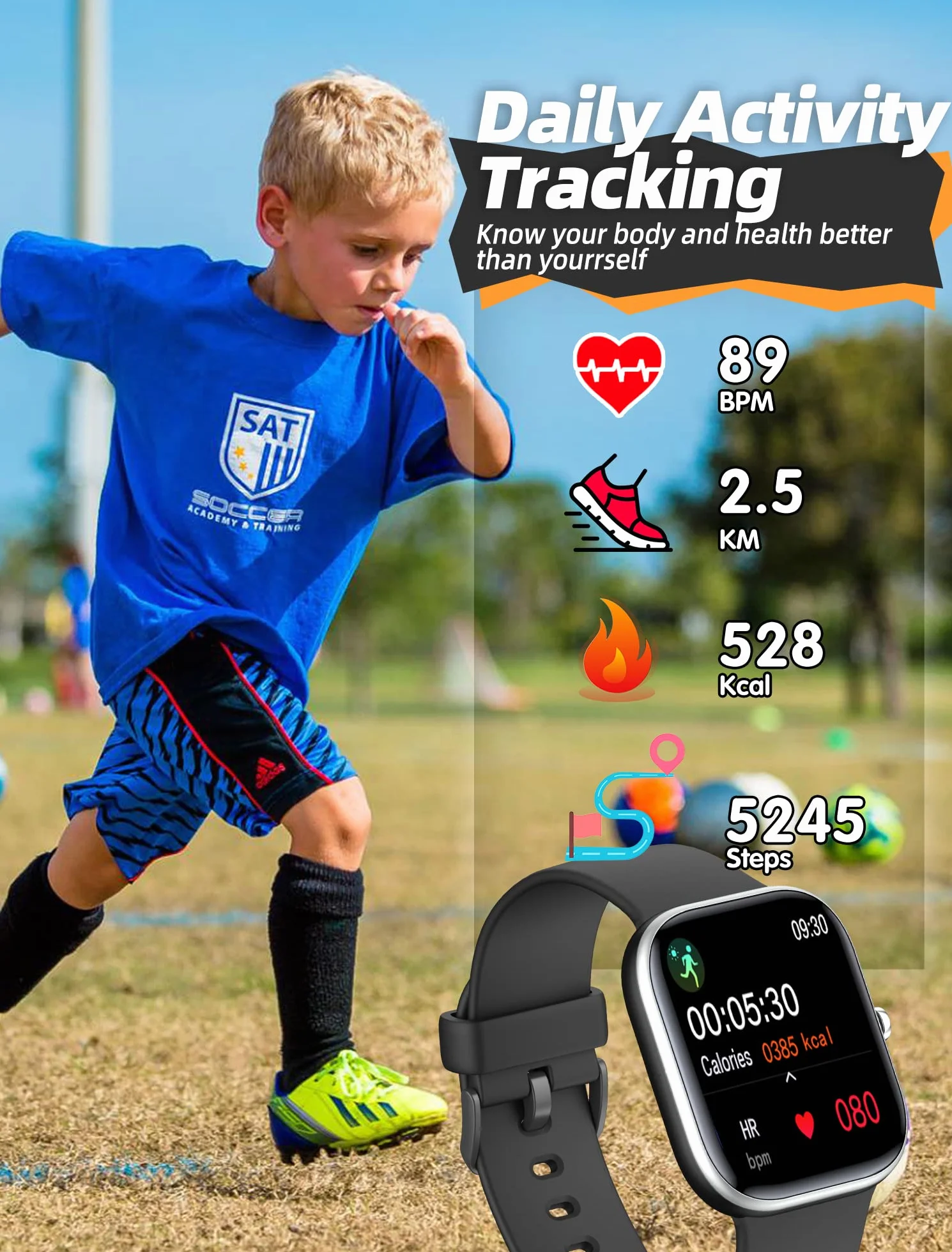 Reloj Inteligente para niños,IP68 Resistente al Agua Reloj de Seguimiento de Actividad física para niño,Monitor de frecuencia cardíaca,8 Modos Deportivos,Monitor de sueño,Regalo para niños y niña