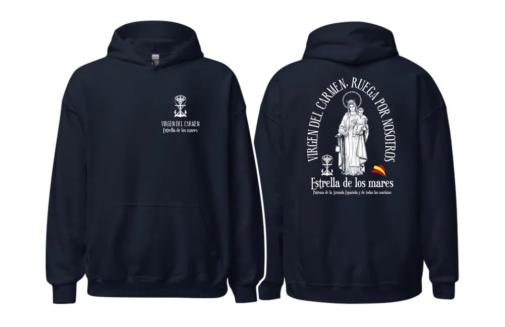 Sudadera con Capucha Virgen del Carmen Reina de los Mares y Patrona de los Navegantes Diseño Religioso Unisex con Bolsillo Invierno