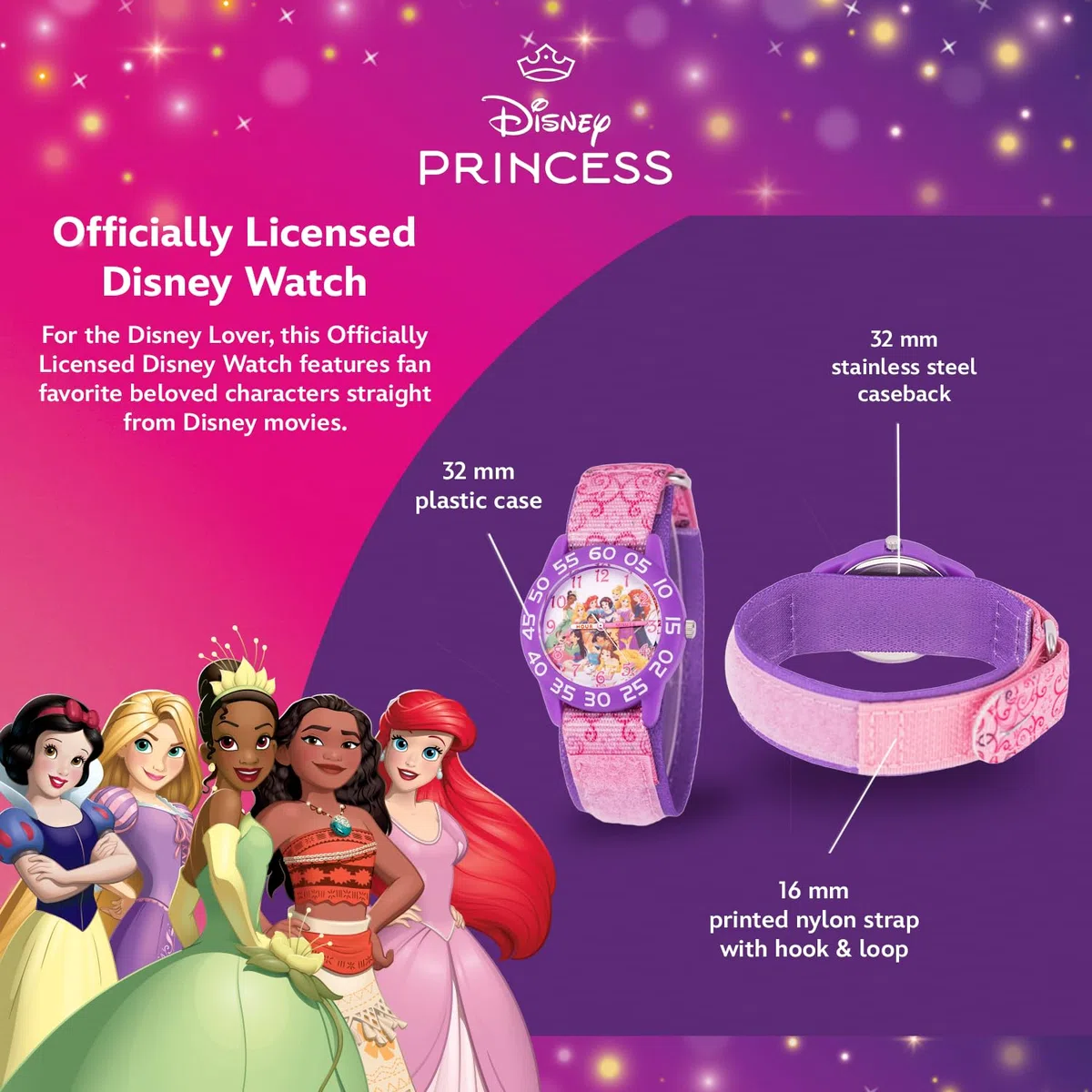 Disney Reloj de Princesa para niñas – Reloj de Princesa para niños con Bisel Rosa y Correa de Nailon Morado – Relojes niñas de 4 a 7 años