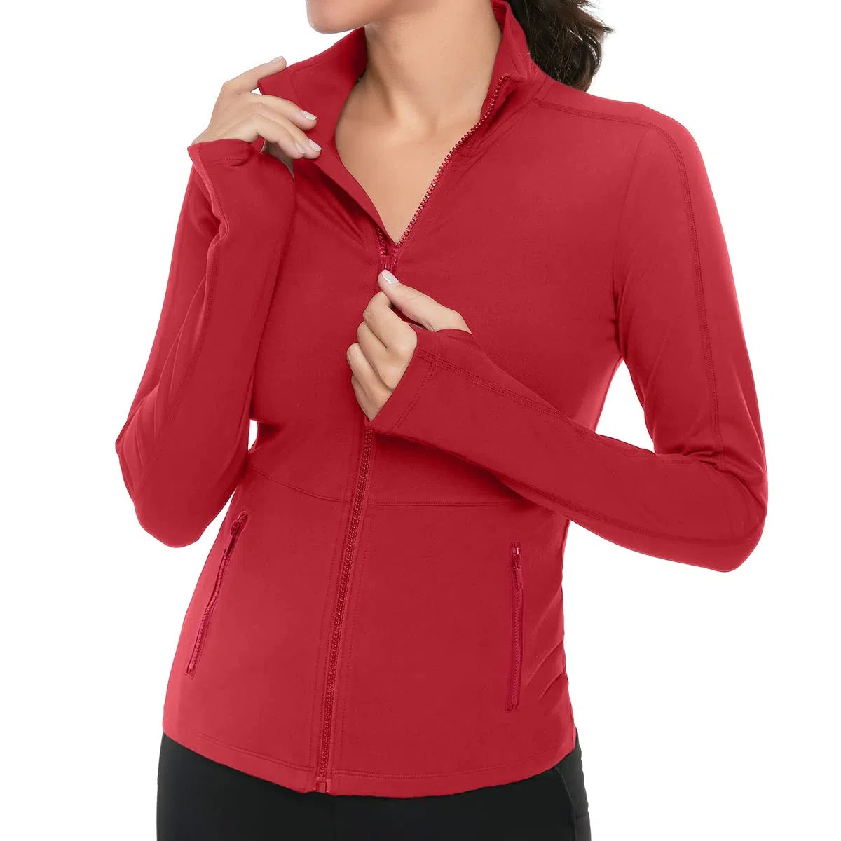VUTRU Chaqueta deportiva para mujer, de manga larga, para fitness, yoga, transpirable, con bolsillos, orificios para el pulgar con cremallera