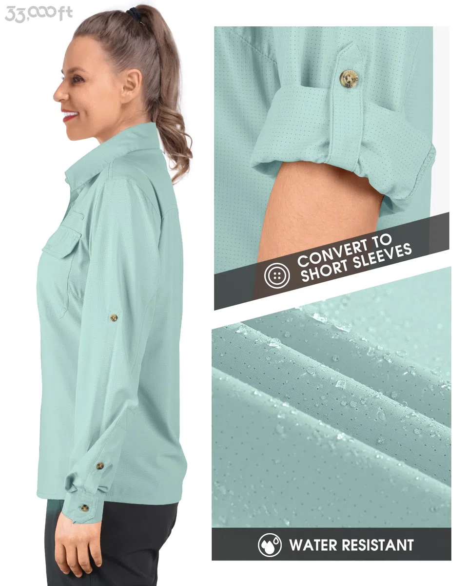 33,000ft Camisa para mujer UPF50+ con protección UV, de secado rápido, para tiempo libre, manga larga, para senderismo, pesca, safari, viajes, golf, verde claro, XL