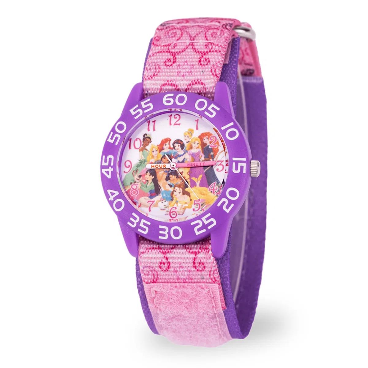 Disney Reloj de Princesa para niñas – Reloj de Princesa para niños con Bisel Rosa y Correa de Nailon Morado – Relojes niñas de 4 a 7 años