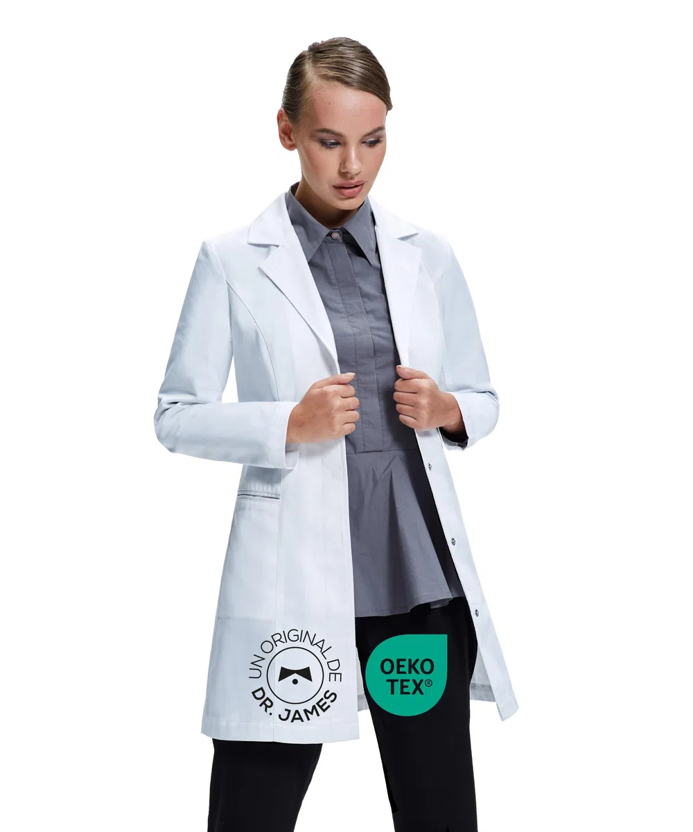 Dr. James Bata de laboratorio Premium mujeres, con bolsillos laterales, ajuste entallado, cierre a presión oculto