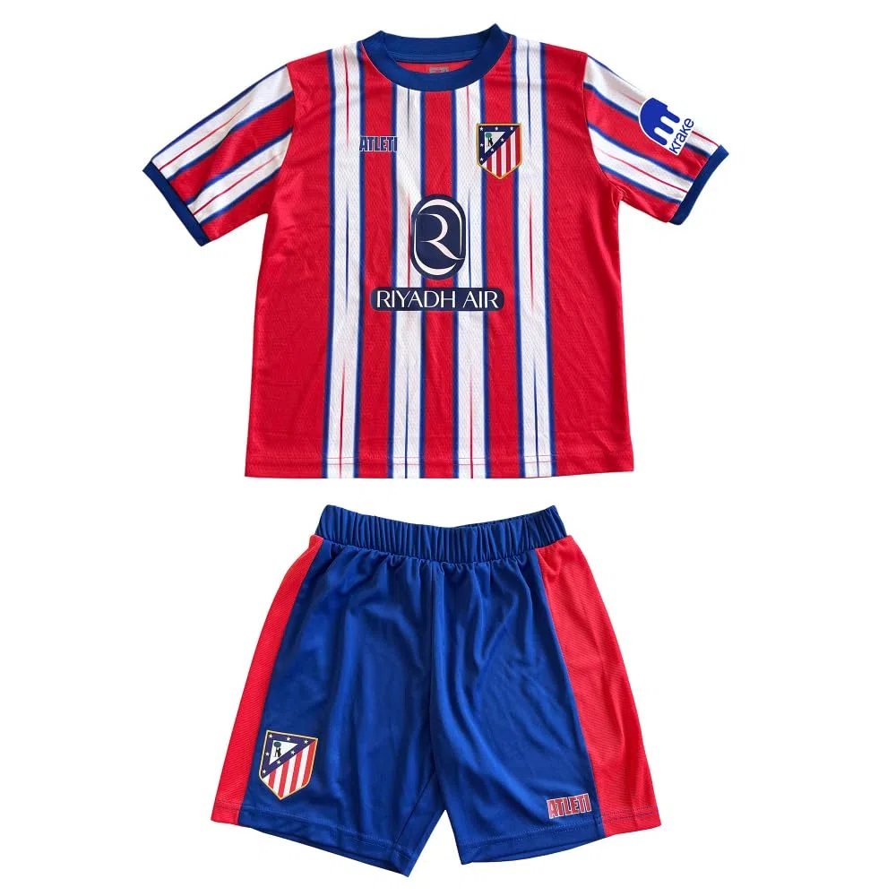 Atlético de Madrid - Réplica Oficial Minikit 1ª Equipación 24/25 - Julián Álvarez - Camiseta y Pantalón Infantil - Equipo Rojiblanco - Diseño con Escudo Atleti - Color Rojo y Blanco - Talla 8