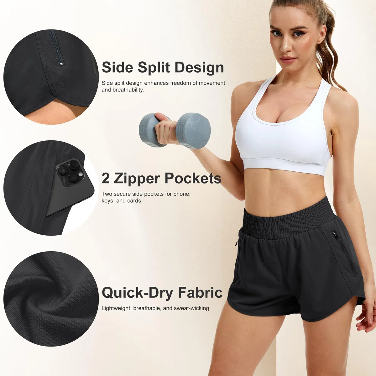 Pack de 3/5 pantalones cortos deportivos para mujer, pantalones cortos con bolsillo con cremallera, para verano, transpirables, pantalones cortos de gimnasio, pantalones cortos para mujer, de