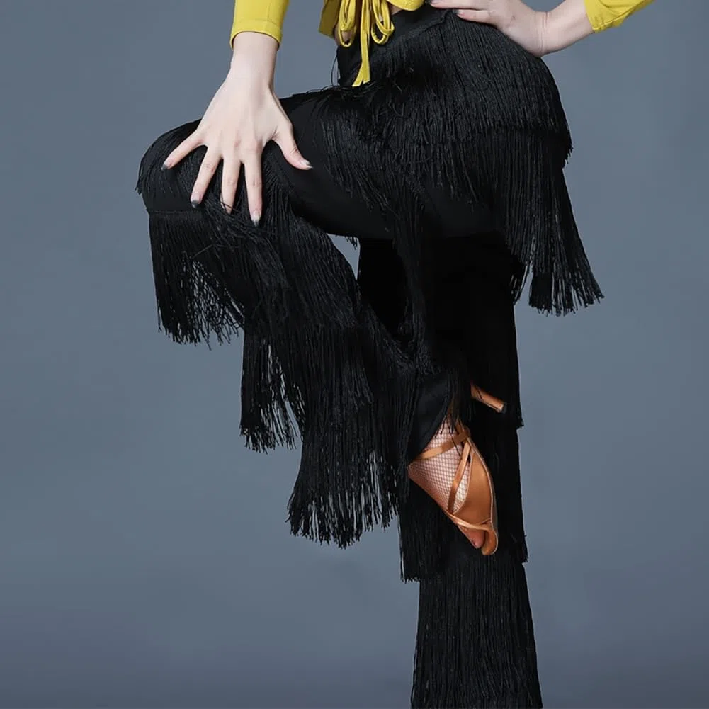 Inlefen Pantalones de Baile Latino para Mujer Con Borlas y Flecos Escalonados - Rendimiento de Tango Cha-Cha, Cintura Elástica
