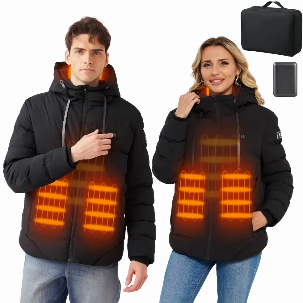 Chaqueta Calefactable con Batería 10000mAh y Capucha para Hombre Mujer, Chaqueta Calefactable de 3 Niveles de Calefacción, Chaqueta Termica para Al aire libre Esquí Trabajo