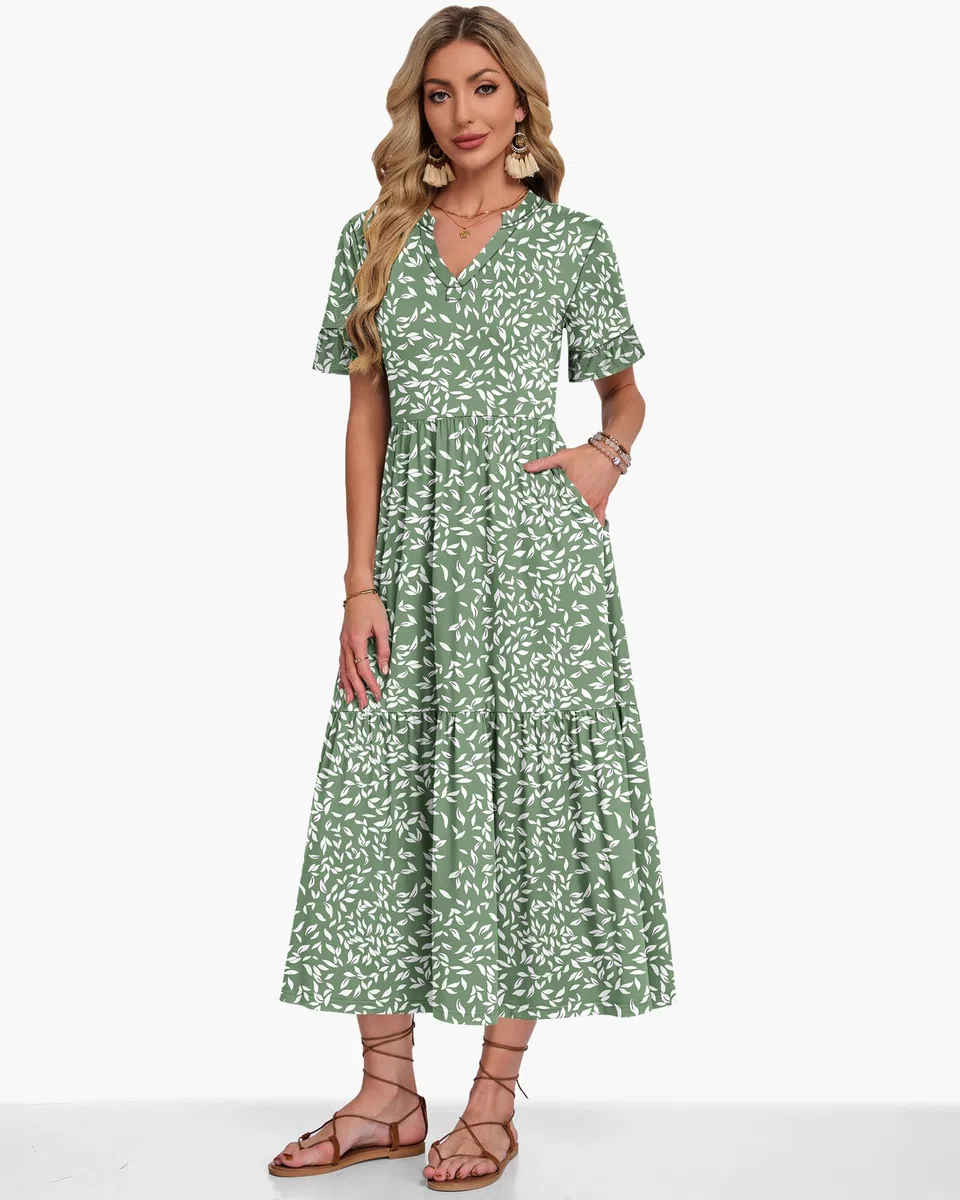AUSELILY Vestidos Largo Verano Mujer 2026 Cuello en V Ruffles Manga Corta Vestido Playa Mujer Largo Ligero y Aireado con Bolsillos Cintura Elástica