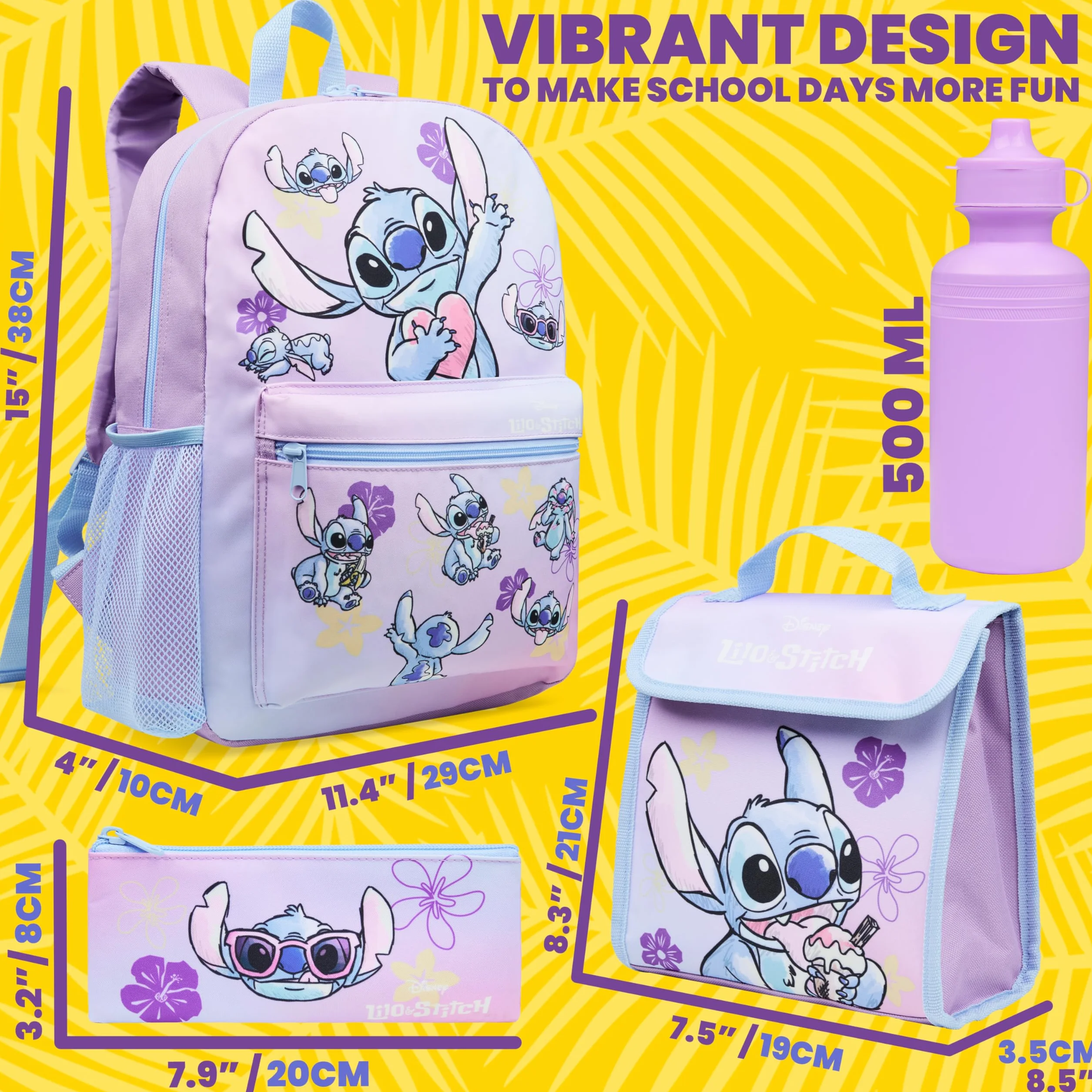 Disney Stitch Mochila Escolar Niña Adolescente Chica con Estuche Infantil Botella de Agua y Bolsa de Almuerzo Set de Material Escolar 4 Pzs