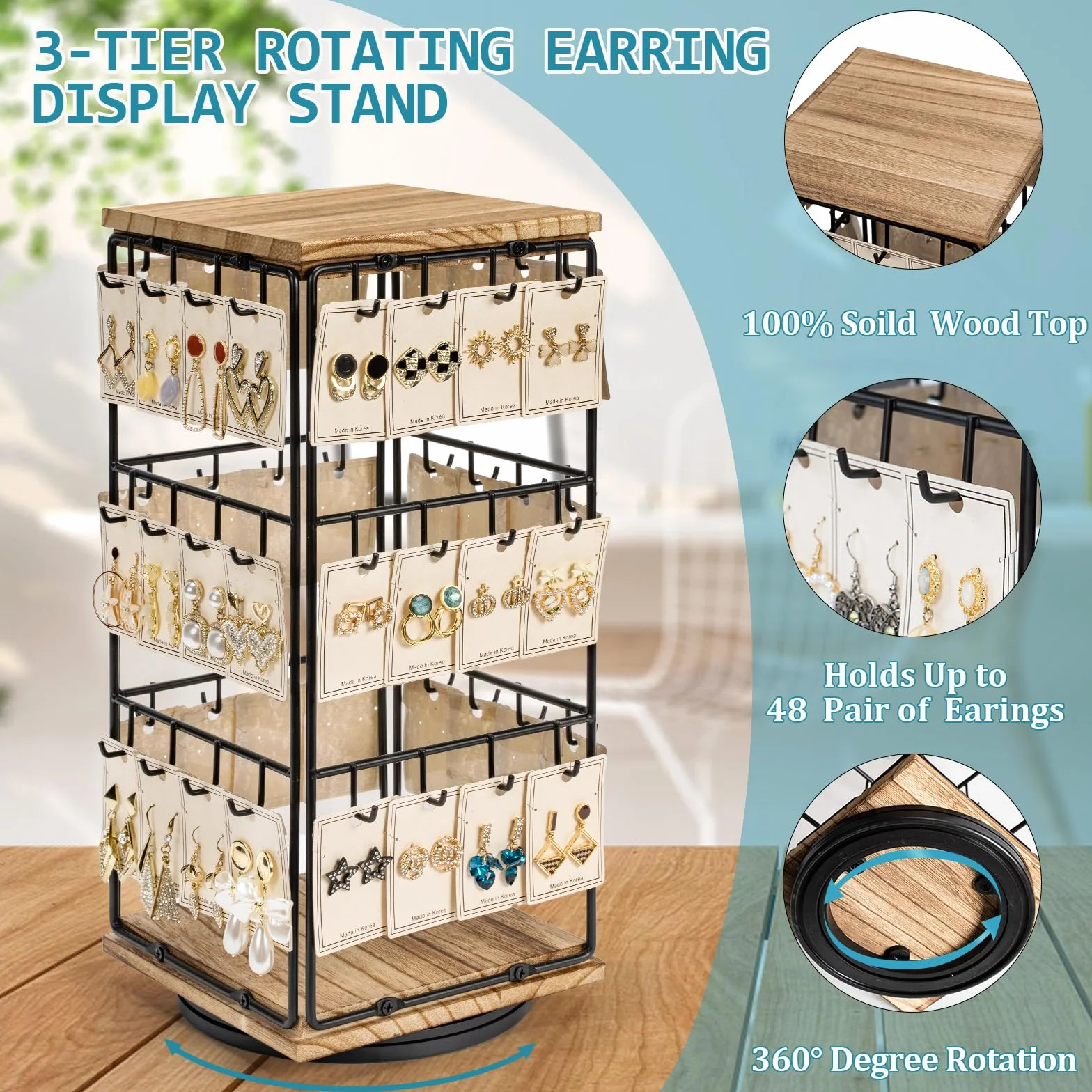 Organizador Pendientes, Expositor de Pendientes Giratorio 360°, Expositor Pendiente 3 Capas con 48 Ganchos, Bandeja de Madera, para Pendientes, Tachuelas (Metal y Madera)
