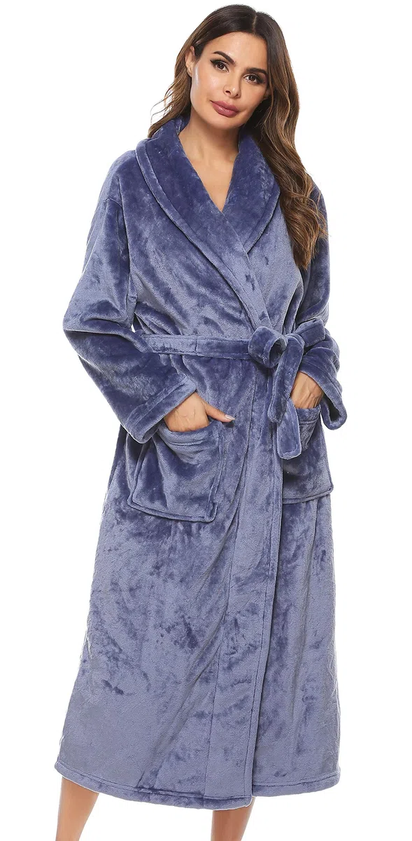 Vlazom Ropa de Casa Mujer Invierno Polar, Largo Albornoz de Felpa para Señora, Abrigo de Estar por Casa con Cinturón S-XL