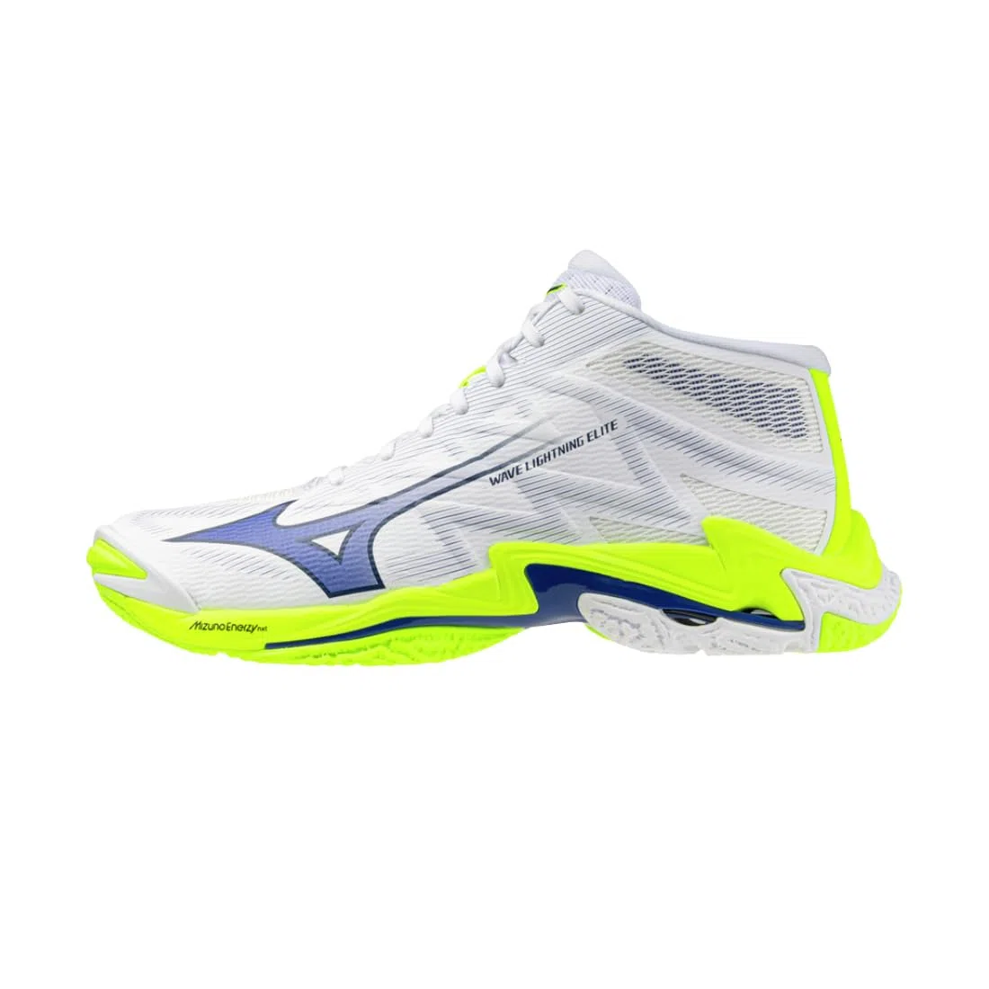 Mizuno Wave Lightning Elite Mid - Zapatillas de voleibol, color blanco, azul, amarillo fluorescente,