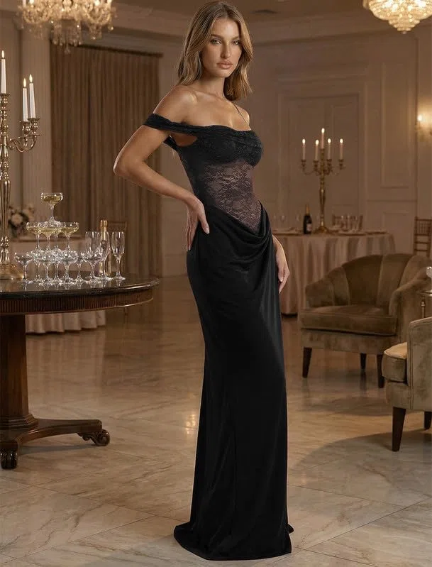 Vestido Mujer de Un Hombro con Encaje Transparente Elegante Maxi Vestidos de Fiesta Sexy Vestido Largo sin Mangas con Tirantes Finos y Abertura Alta Ajustado Vestidos para Bodas Cóctel Club