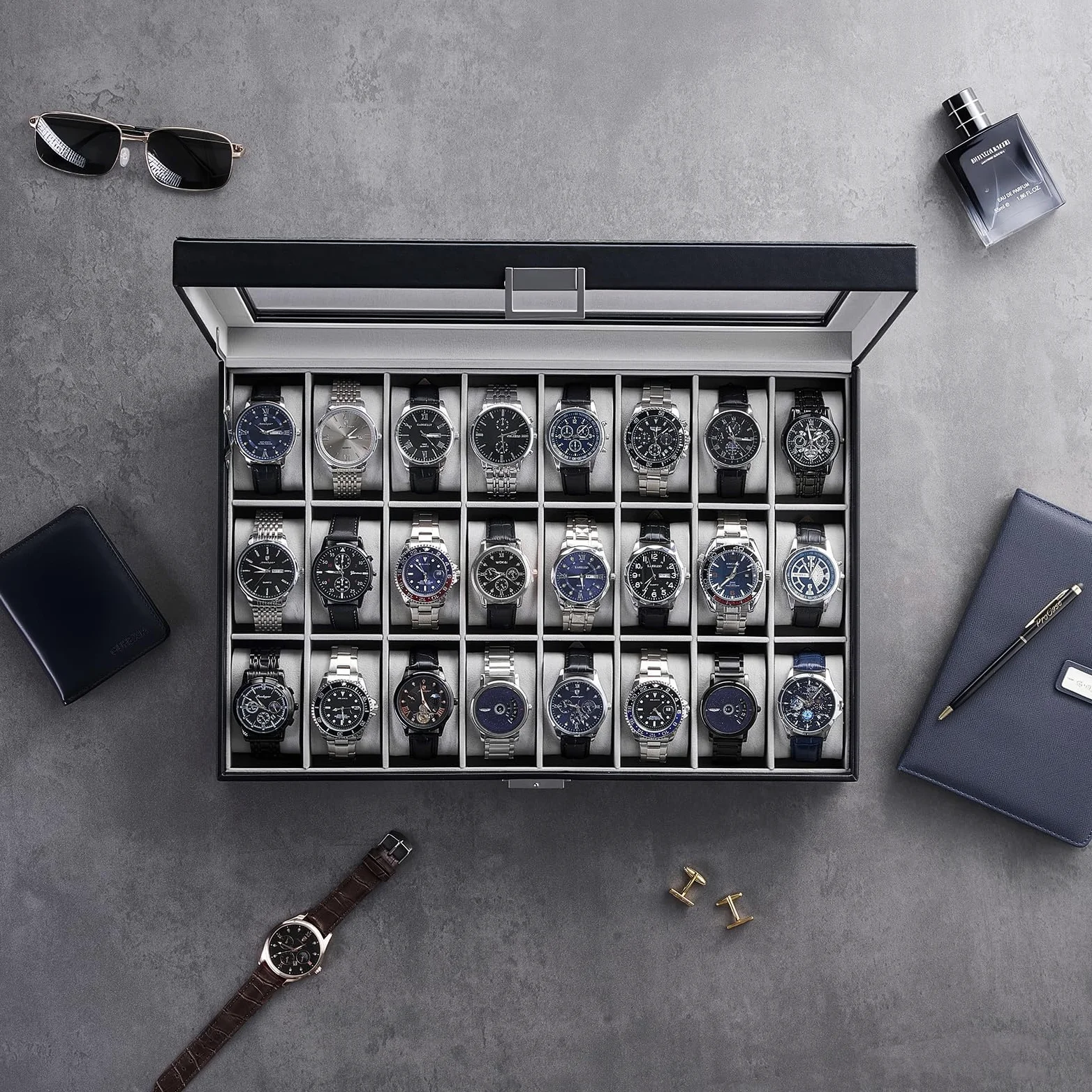 ProCase Caja para Relojes, 20 Ranuras Organizador de Joyas Relojero Multifuncional Caja Joyería Cuero PU con Almohadilla Suave Tapa Cristal Vidrio Almacenamiento Porta Reloj para Hombres -Negro