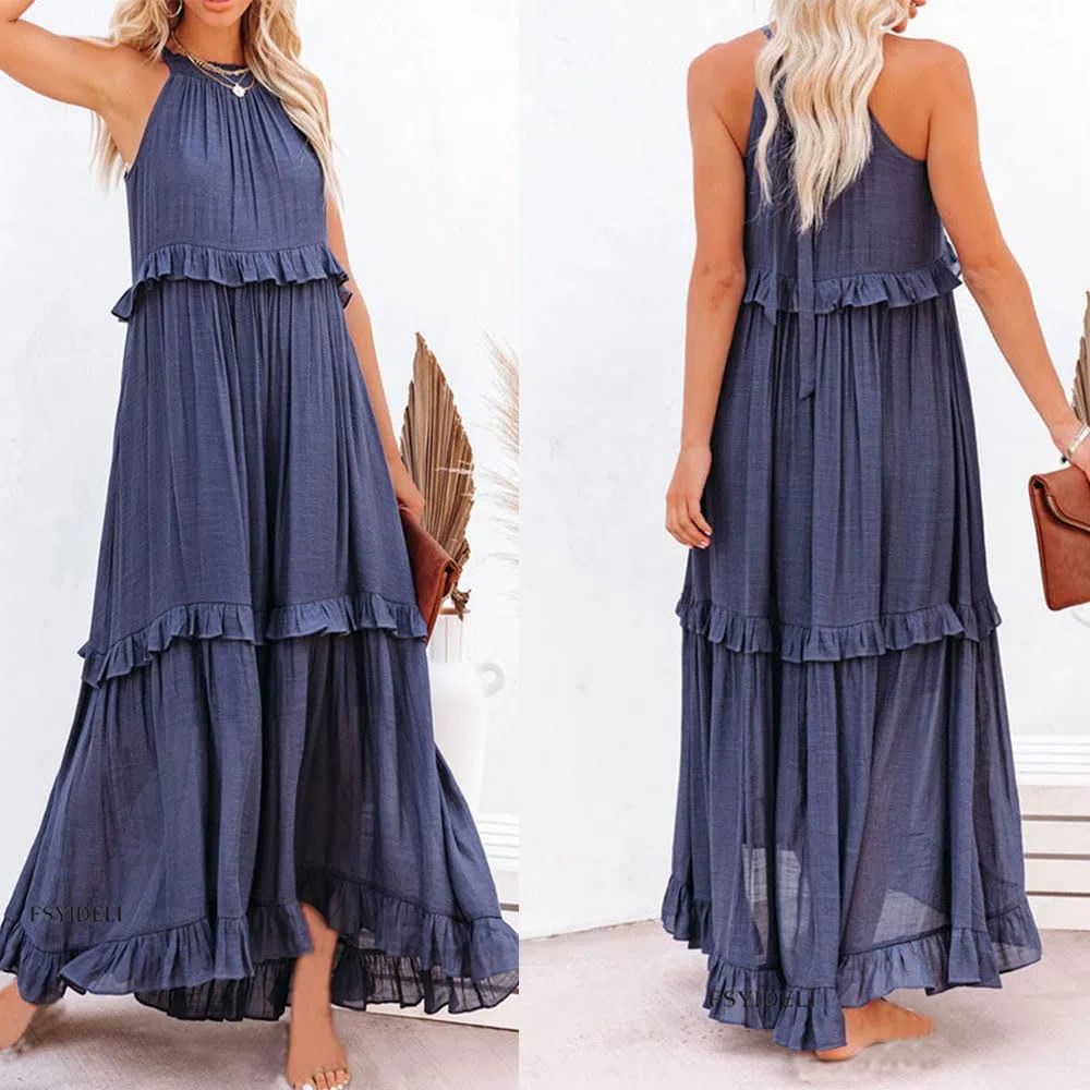 Vestido Largo sin Mangas con Cuello Halter, Vestido Informal con Volantes y Volantes, Vestido Largo con Vuelo en la Playa