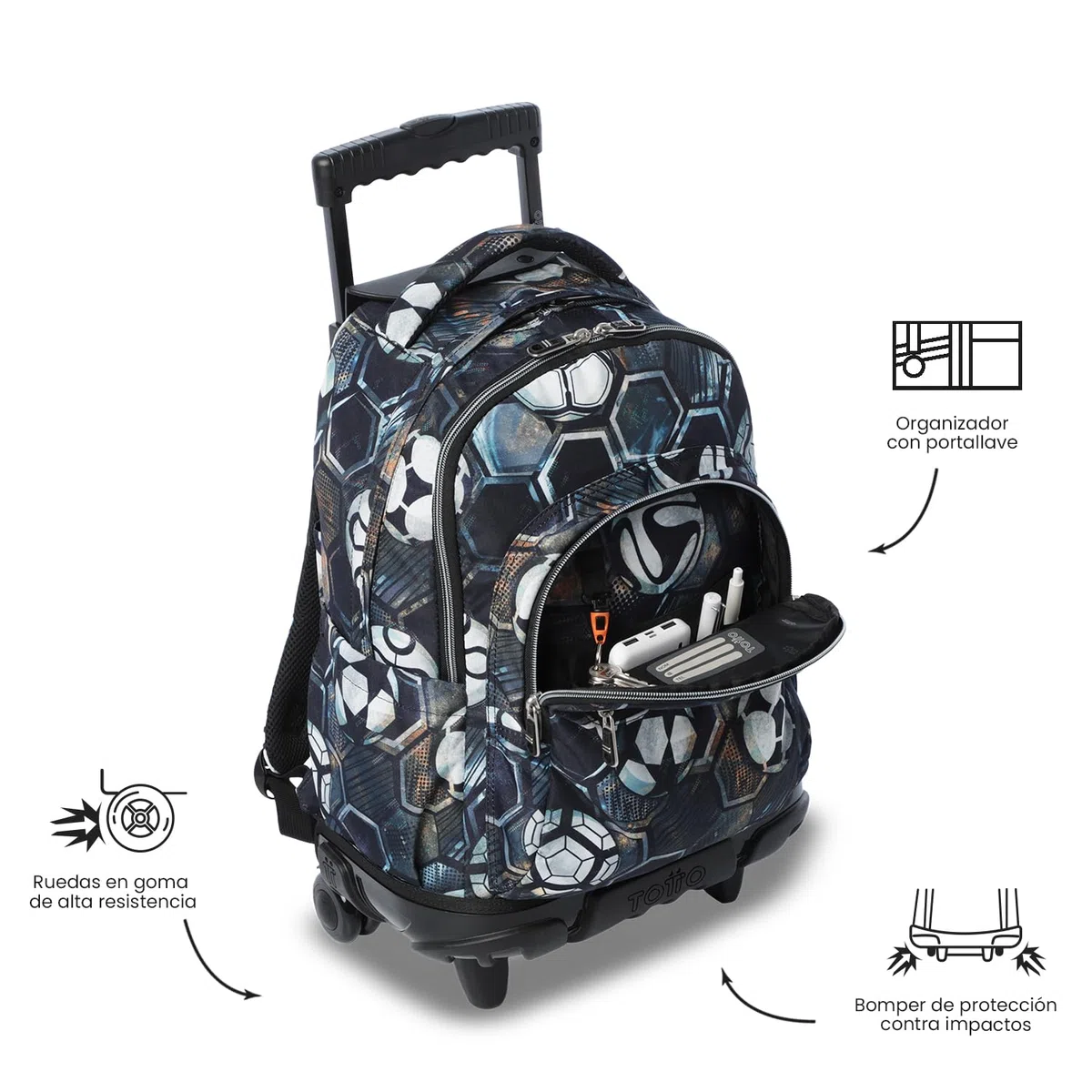 TOTTO - Mochila Escolar con Ruedas, Modelo Renglones, Capacidad 26,21 Litros, Bolsillo para PC 15,4", Bolsillo Botella, Correas en S para Mayor Comodidad, Resistente, Estampado Verat Soccer