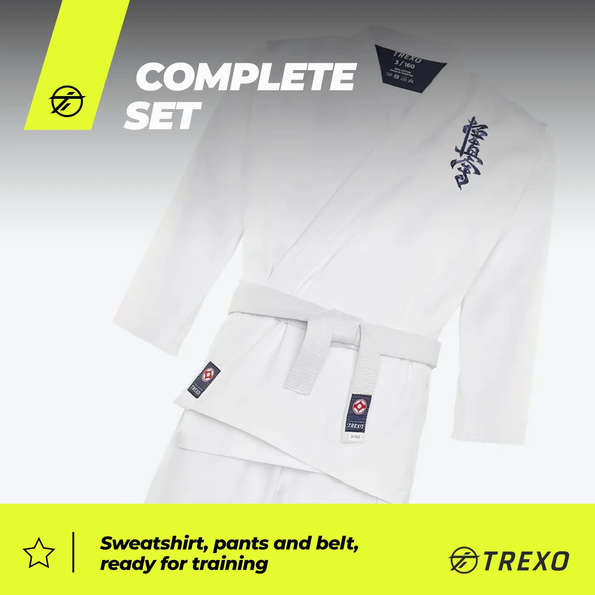 TREXO Karatega con bordado Kyokushin para karate en color blanco para 140 cm de estatura, juego de pantalones regulables, kimono, cinturón, ideal para principiantes, costuras fuertes, materiales