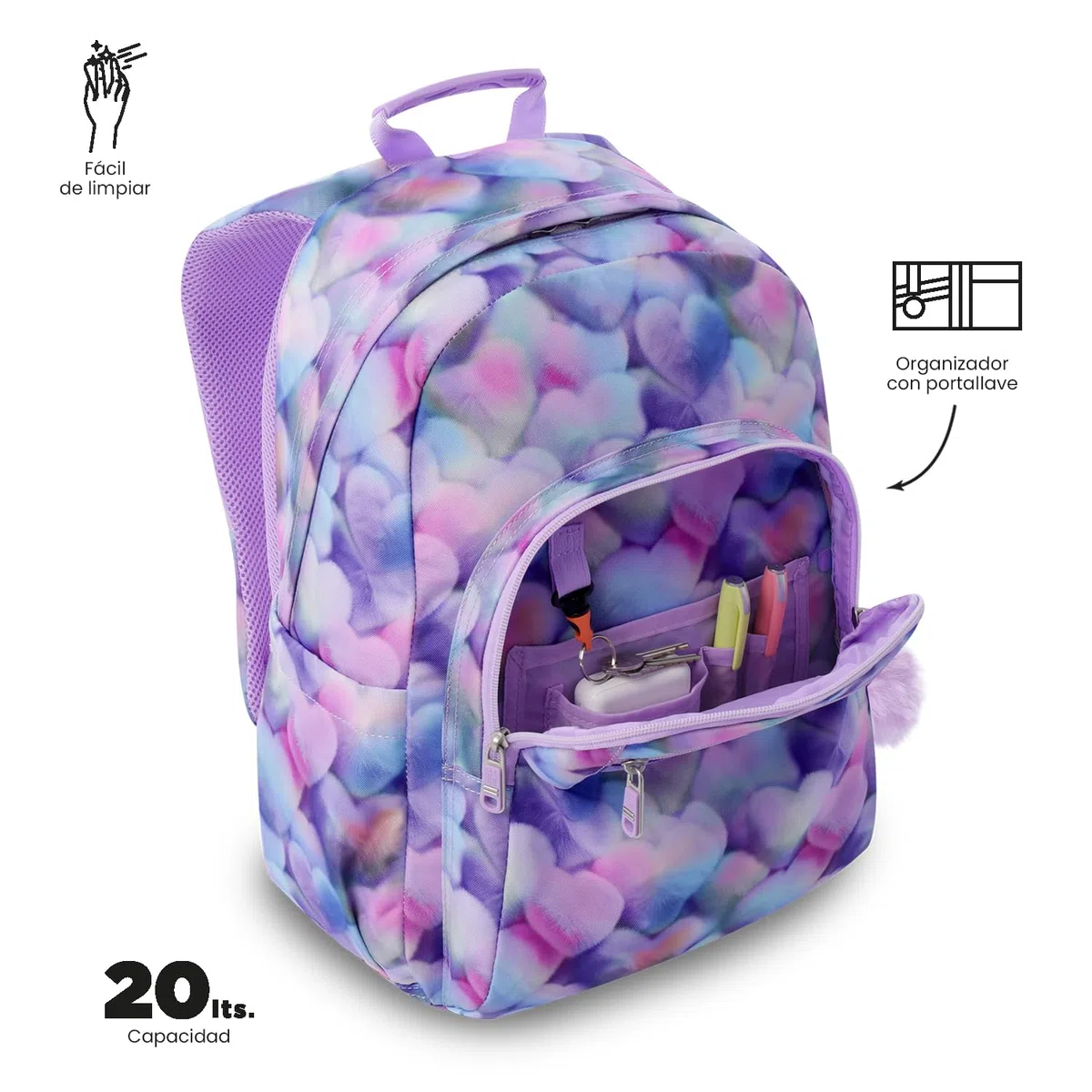 TOTTO - Mochila Escolar Adaptable a Carro, Modelo Acuareles Glitter, Capacidad 20L, Bolsillo para Pc 14", 2 Bolsillo Botella, Espaldar Ergonómico con Flujo de Aire, Correas en S, Estampado Kory Morado