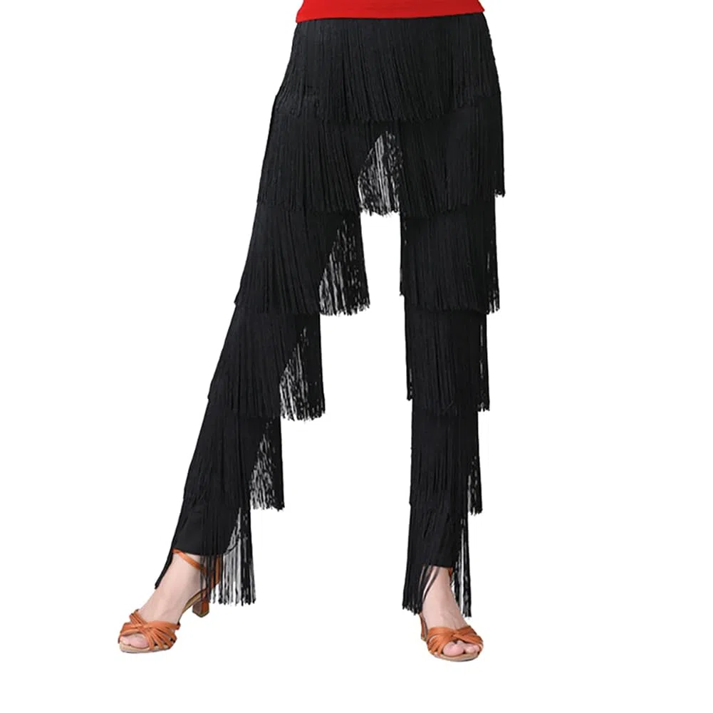 Inlefen Pantalones de Baile Latino para Mujer,borlas Pantalones De Baile Latino Rendimiento De Tango Cha-Cha Pants Cintura Elástica Pantalones con Flecos Escalonados