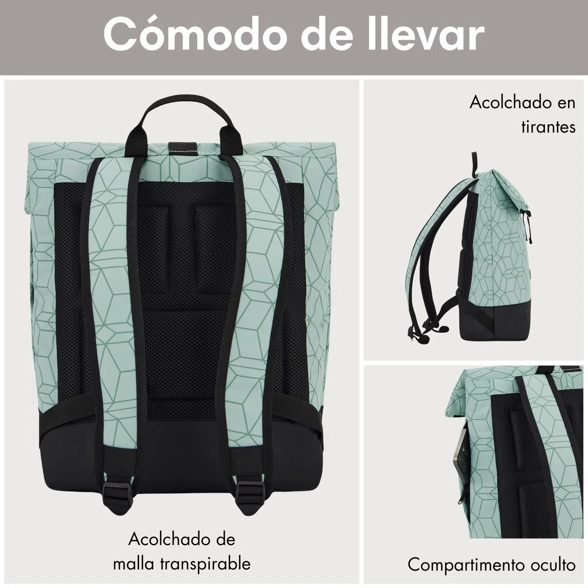 LARKSON Mochila Mujer y Hombre Verde - Tammo - Para Portátiles - Trabajo, Universidad y Viaje - Backpack Enrollable y Ligero - Repelente al Agua