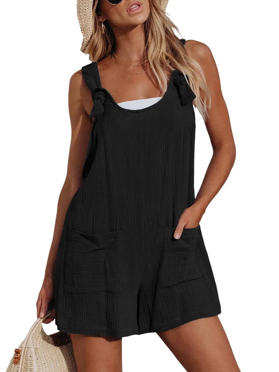 CUPSHE Mono corto para mujer, cuello redondo, sin mangas, informal, pierna recta, con bolsillos