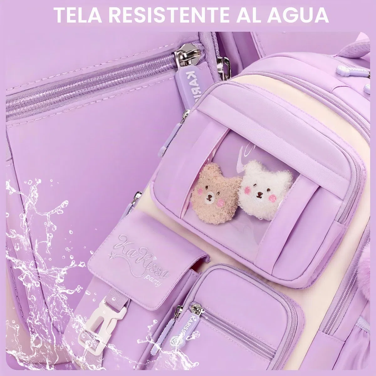 Amythe Mochila Escolar Niña, Mochilas Primaria Escolares Transpirable para Infantil Niñas de 8 10 12 Años, Kawaii Mochila Chicas Colegio con Colgante, Morado