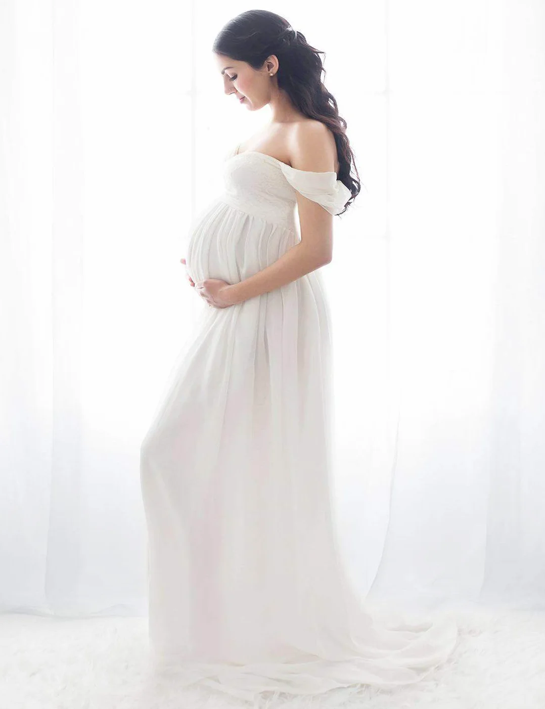 FEOYA - Vestido Embarazada Mujer para Fotografía Falda Larga Maternidad para Fotos Fiesta Regalos de Mamás Verano Vestidos Largos Premamá Ropa de Embarazo Elegante sin Tirantes Chifón