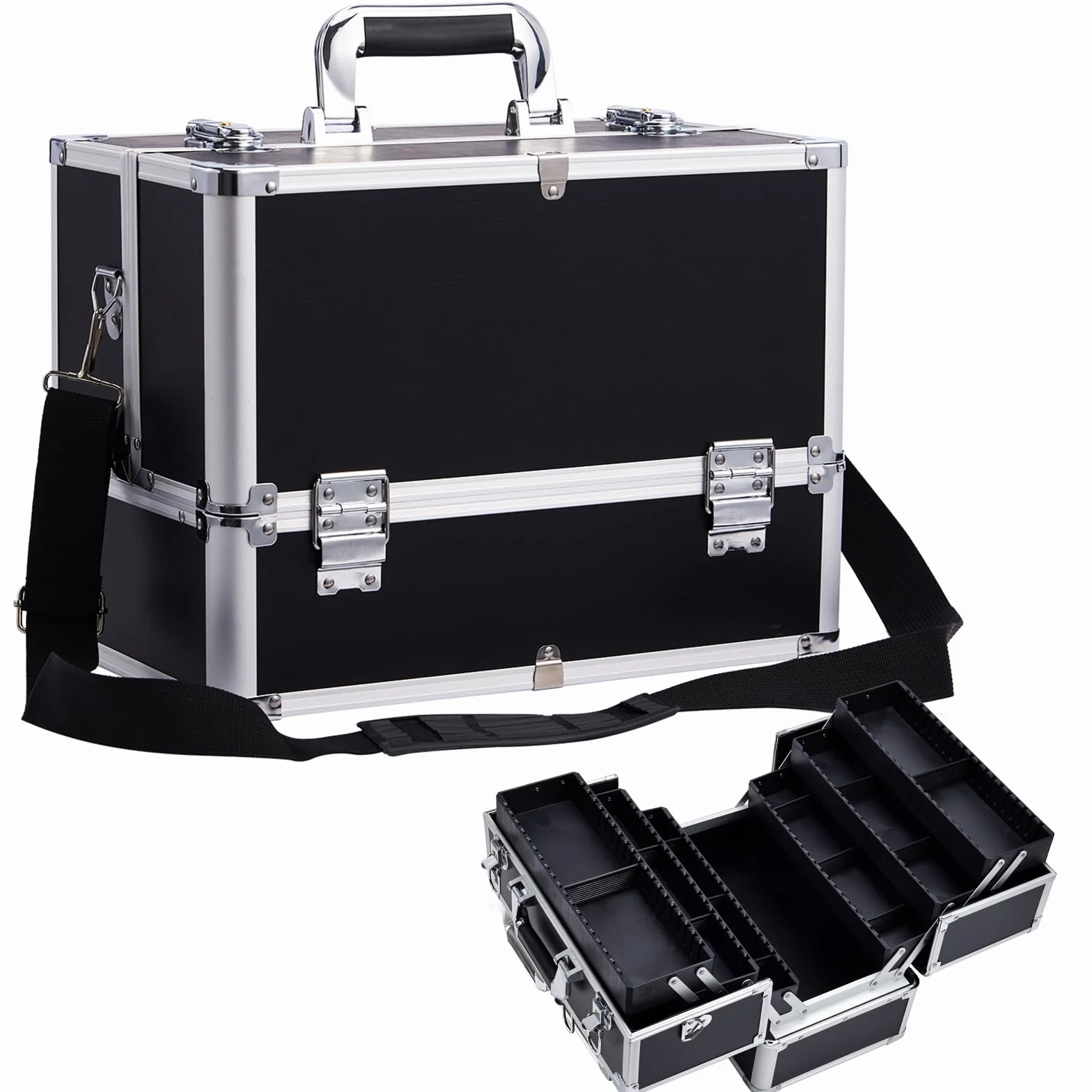 Maletin Maquillaje Profesional Estuche Maquillaje Neceser Maquillaje Joyero Organizador Mujer Maletin de Manicura Peluqueria Caja Maquillaje Cosméticos de Viaje con Correa para el Hombro Negro