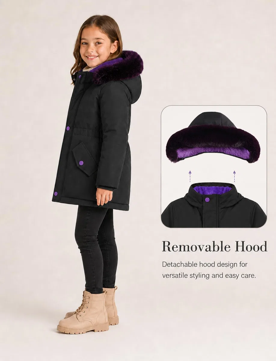 SEAUR Chaqueta Abrigo Invierno Niñas Chaqueta de Plumón Mi-Long Cazadoras Niña Parka Gruesa Cálida con Capucha/Capucha Extraíble Esquí Ropa 1-15 Años