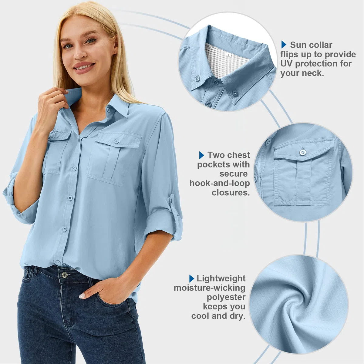 Camisa para mujer UPF 50+ UV, protección solar, ropa de safari, blusa de senderismo para mujer, manga larga, transpirable, para exteriores, fresca, de secado rápido, parte superior