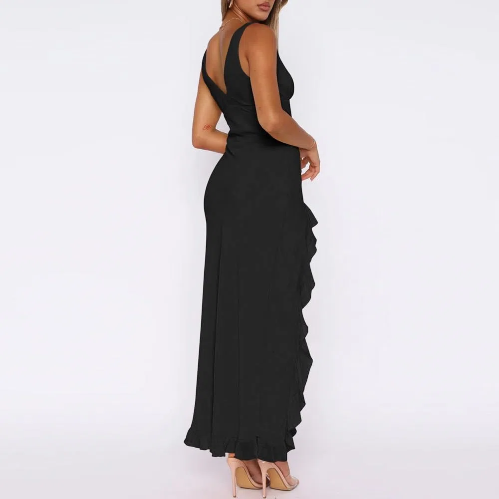 Vestido Mujer Maxi sin Manga con Cuello V Rajado Verano Elegante Volante Dobladillo Maxivestido para Cóctel Fiesta Noche(Negro/XL)