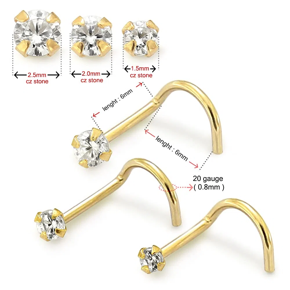 Monster Piercing K 9 Puntas Oro Amarillo Set Piedra de la CZ Redondo 20 Calibre Nariz Tornillo de perforaci?n de la fosa Nasal