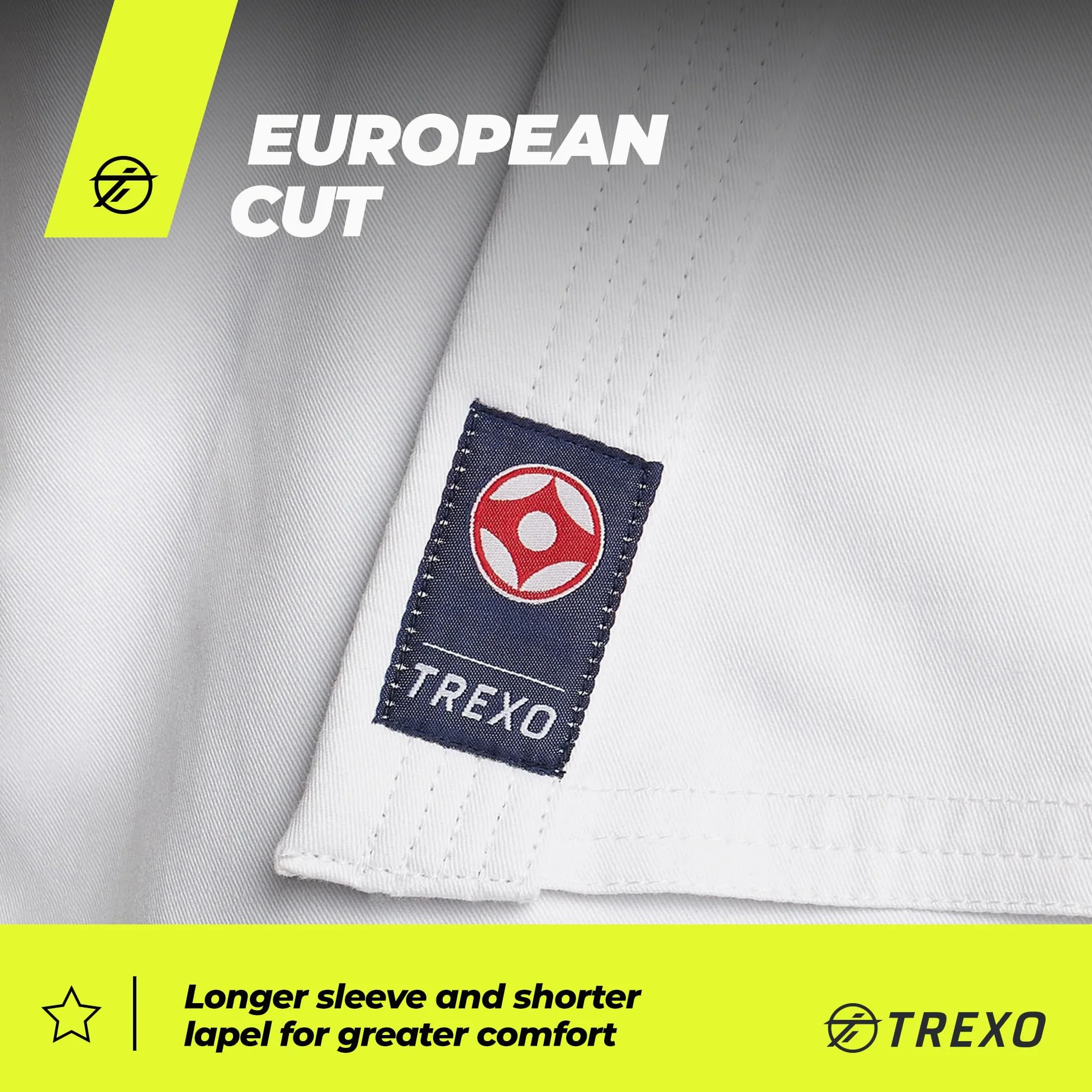 TREXO Karatega con bordado Kyokushin para karate en color blanco para 140 cm de estatura, juego de pantalones regulables, kimono, cinturón, ideal para principiantes, costuras fuertes, materiales