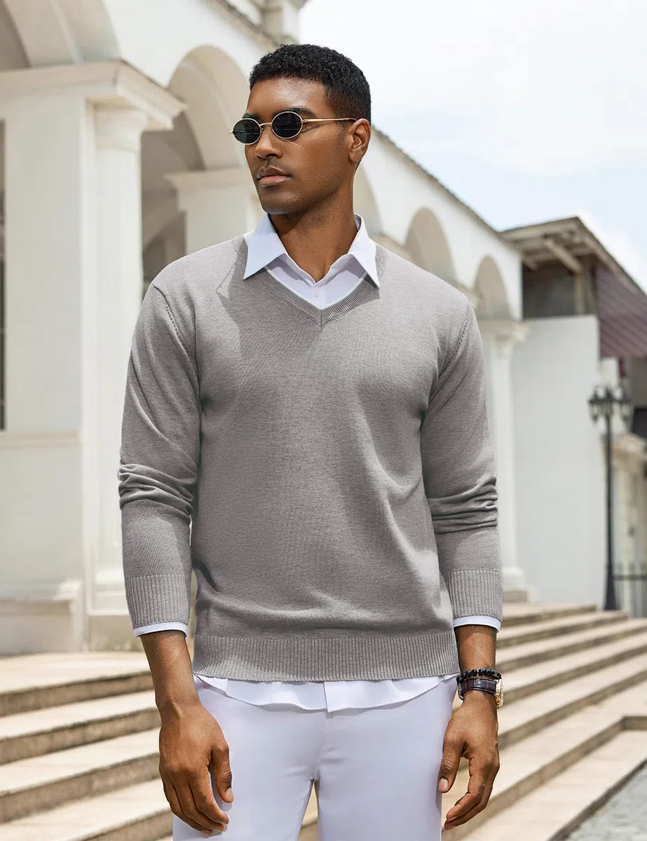 iClosam Suéter de Cuello en V para Hombre Jersey de Punto de Manga Larga para Hombre suéter de Trabajo de algodón