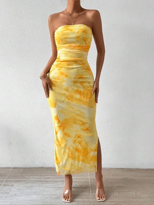 Mujer Vestido Largo Ajustado Sexy Tie Dye Vestidos de Tubo Elegante sin Mangas Maxi Vestido sin Tirantes de Fiesta Verano Fruncido Vestidos con Abertura para Cóctel Boda Invitada Noche Club