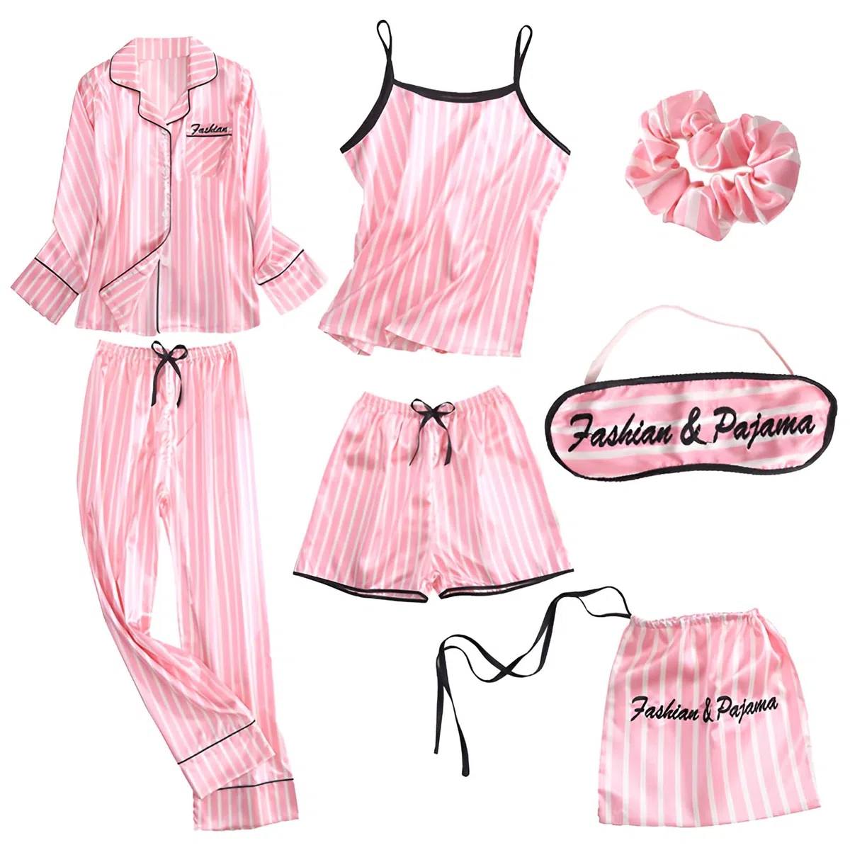Mujer 7PCS Saten Conjunto de Pijama Tops & Pantalones Cortos Primavera Verano Ropa de Dormir