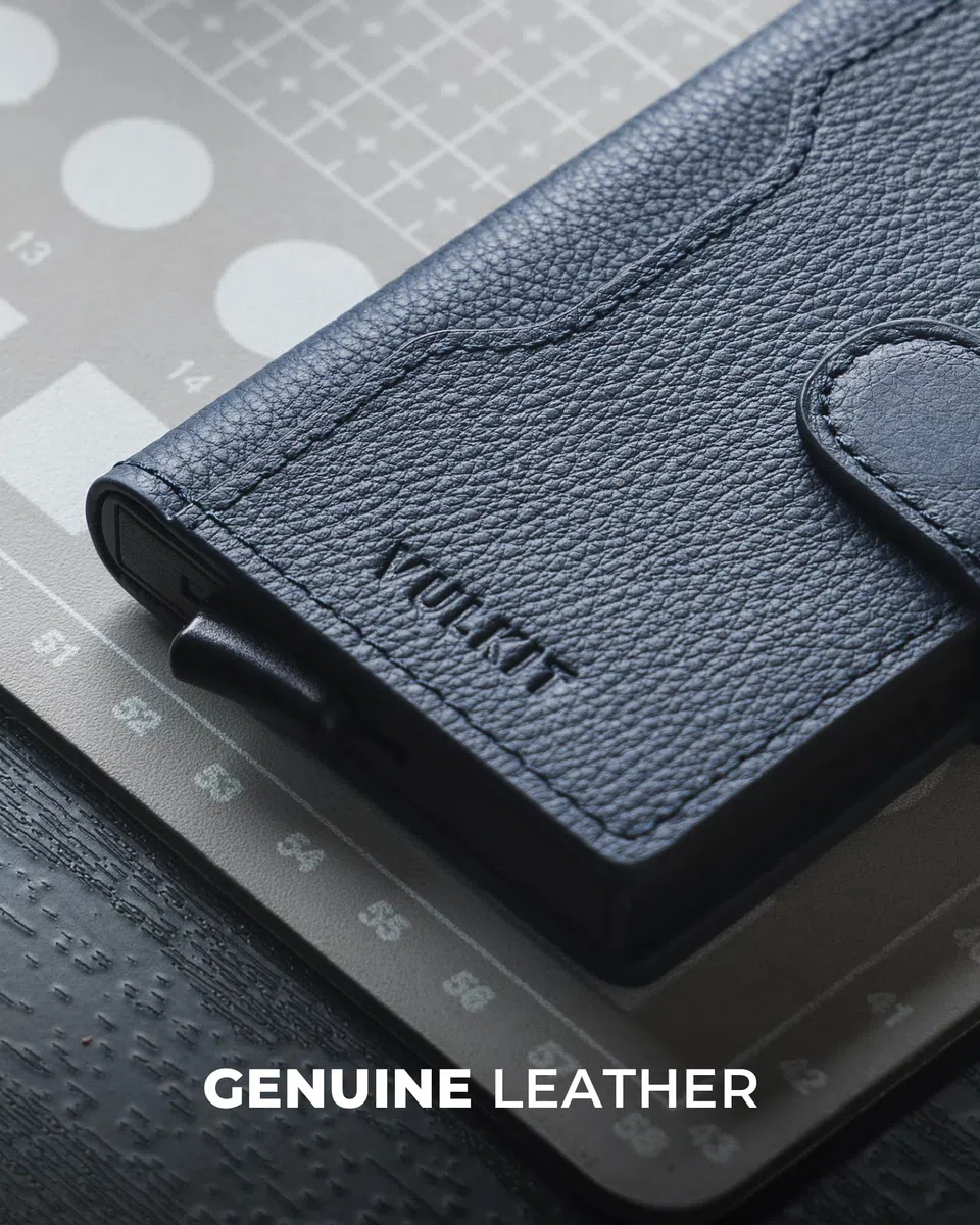 VULKIT Tarjetero Hombre Piel Genuino RFID Bloqueo con Cierre Magnético Carteras para Hombre Metalico Porta Tarjetas con 3 Ranuras y 1 Ventana DNI, Litchi Azul Marino