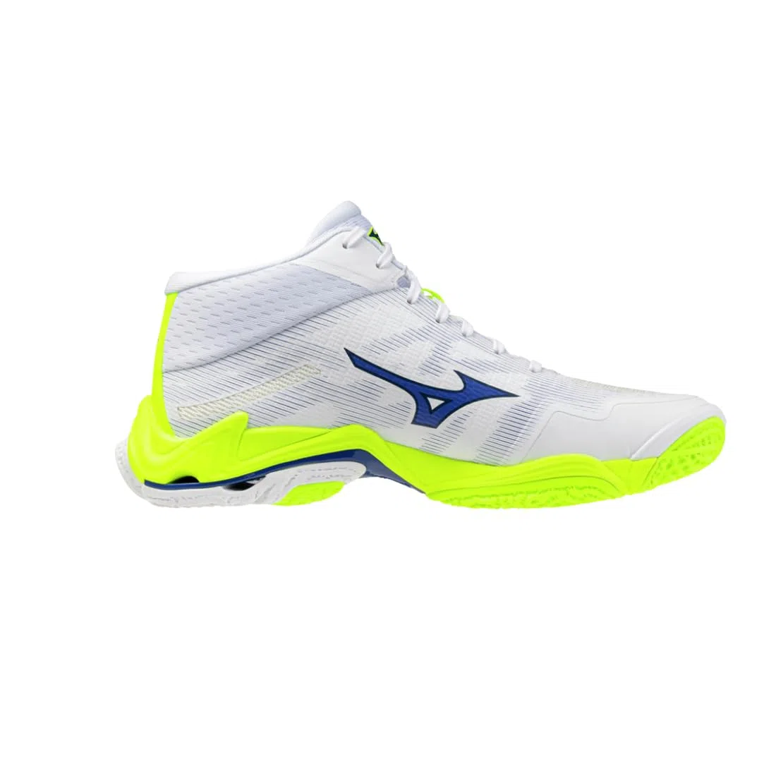 Mizuno Wave Lightning Elite Mid - Zapatillas de voleibol, color blanco, azul, amarillo fluorescente,