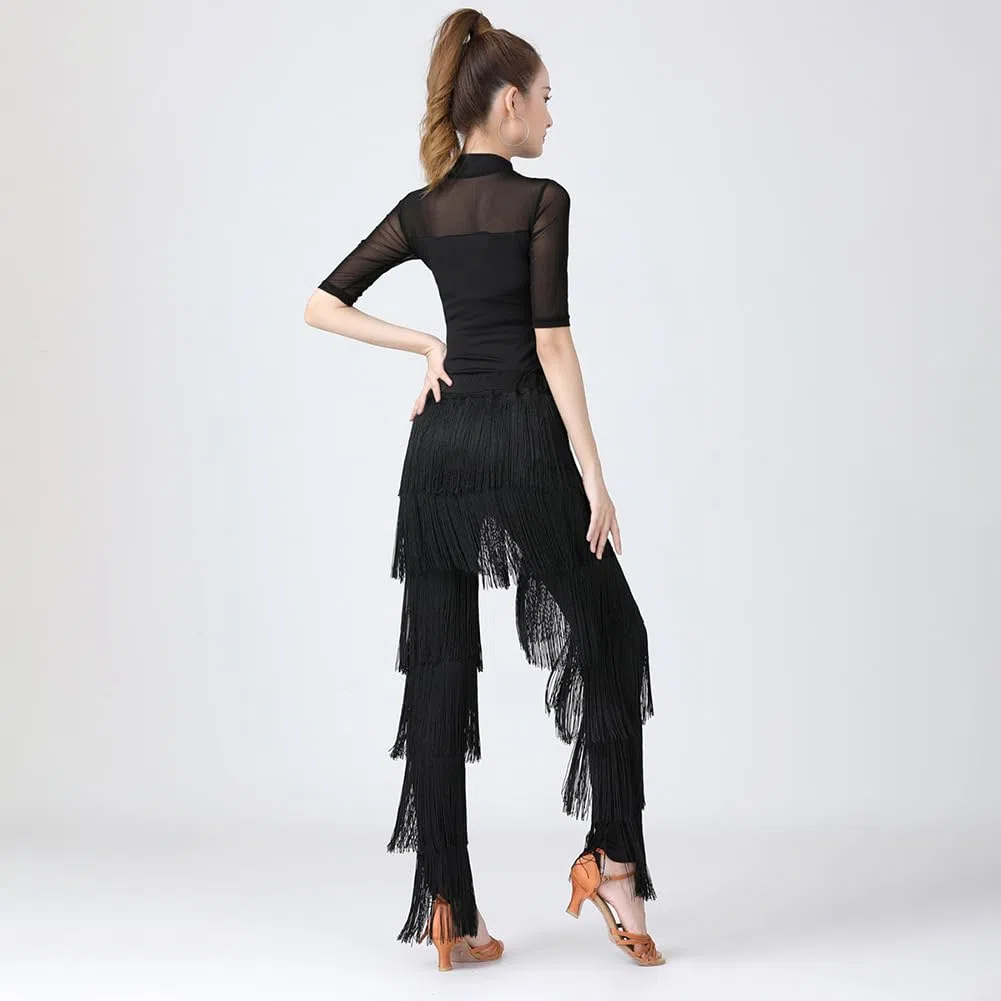 Inlefen Pantalones de Baile Latino para Mujer Con Borlas y Flecos Escalonados - Rendimiento de Tango Cha-Cha, Cintura Elástica