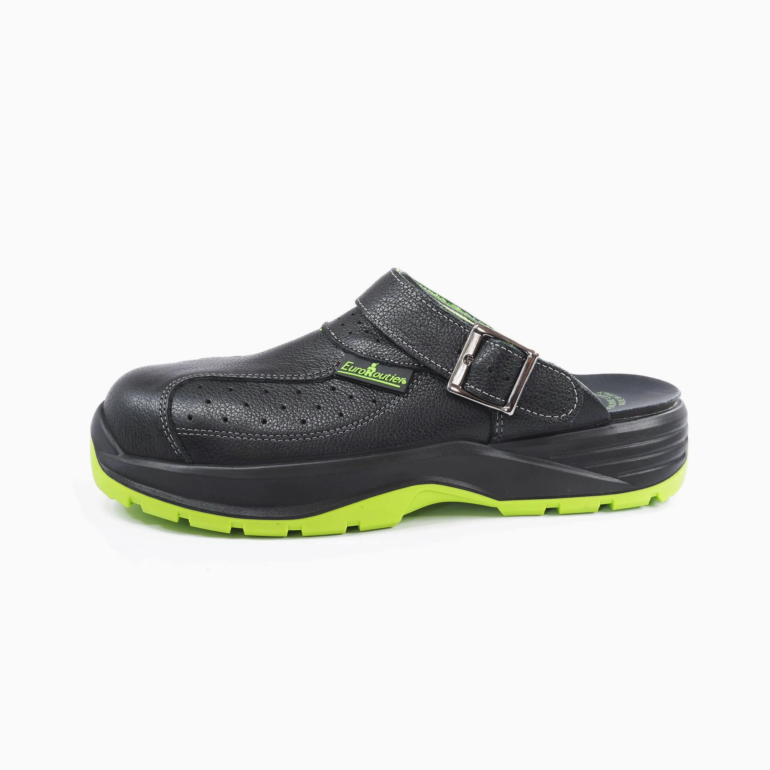 EUROROUTIER Premium Fenix Negro Cuero Genuino, Zuecos, Zapatillas, Chanclas de Seguridad Certificado SB+A+E+FO+SRC, Color Negro