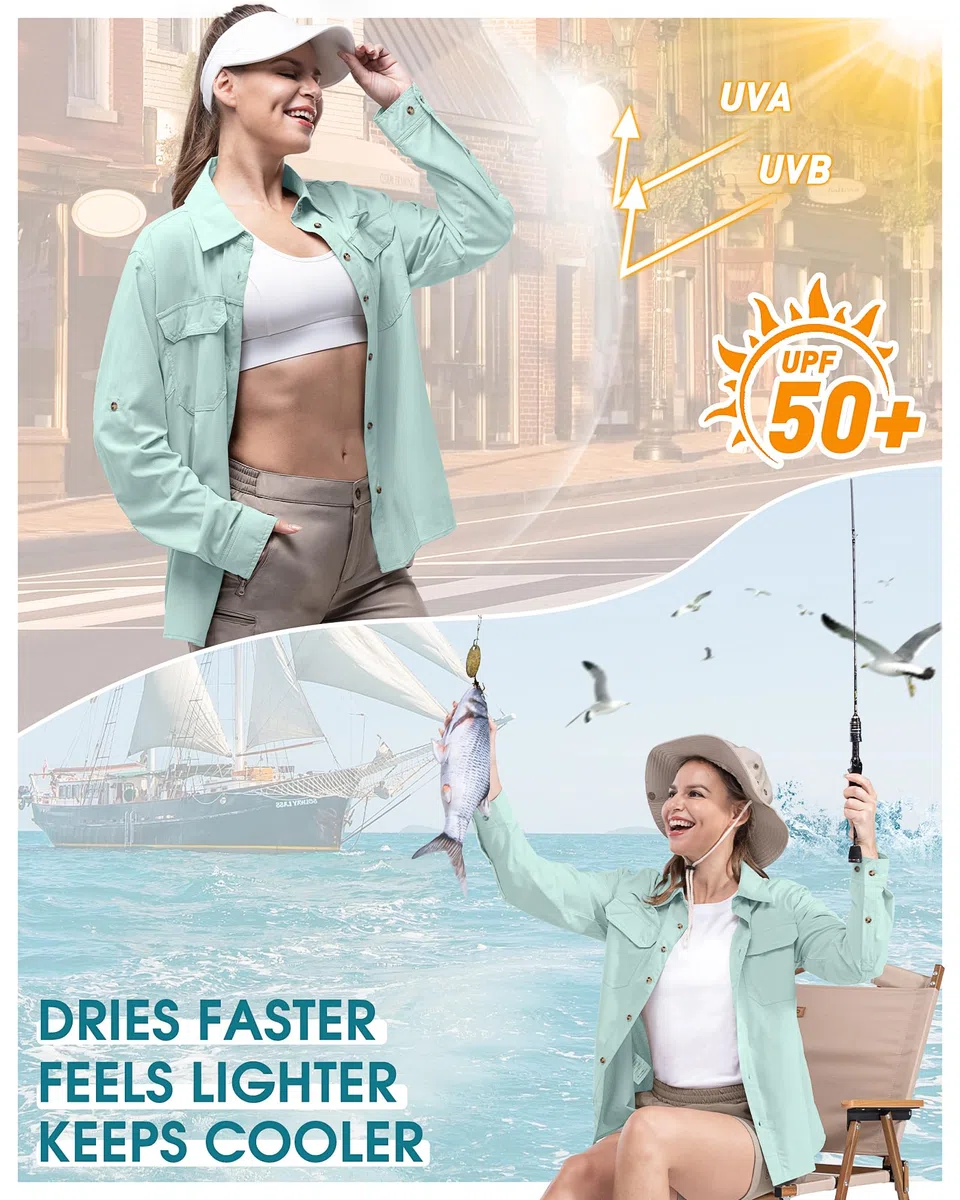 33,000ft Camisa para mujer UPF50+ con protección UV, de secado rápido, para tiempo libre, manga larga, para senderismo, pesca, safari, viajes, golf, verde claro, XL