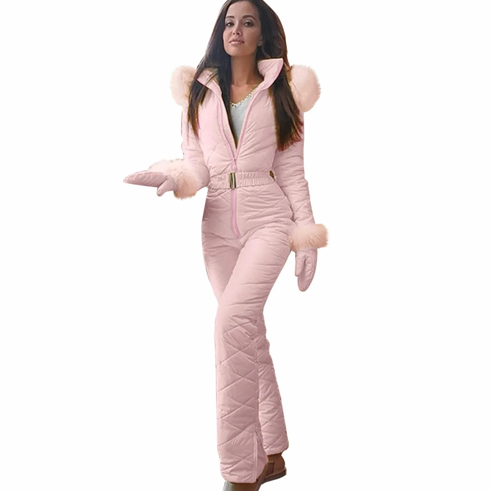 Traje de esquí para mujer, talla grande, mono largo, mono de invierno con capucha, térmico a prueba de viento, manga larga, pantalones de nieve gruesos